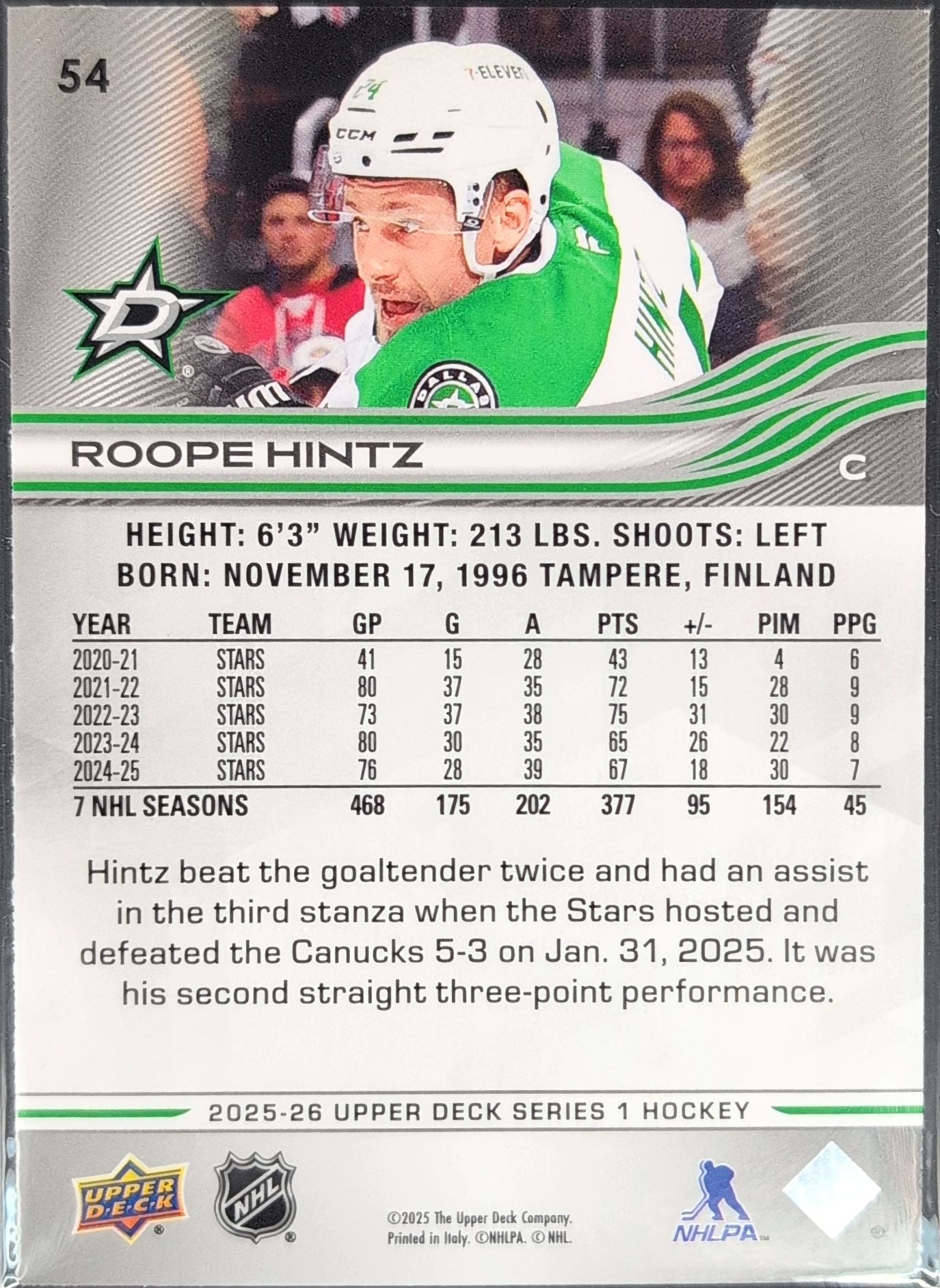 2025-26 Upper Deck Roope Hintz #54 Dallas Stars back