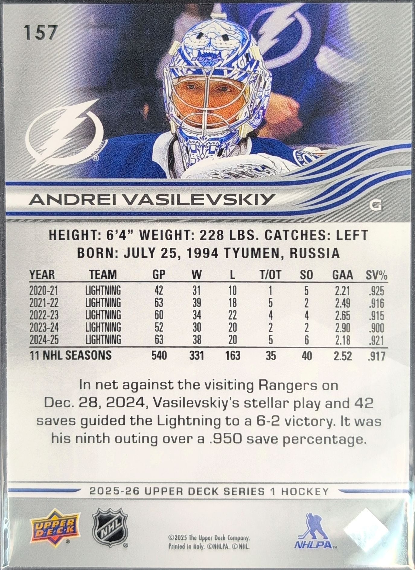 2025-26 Upper Deck Andrei Vasilevskiy #157 Tampa Bay Lightning back