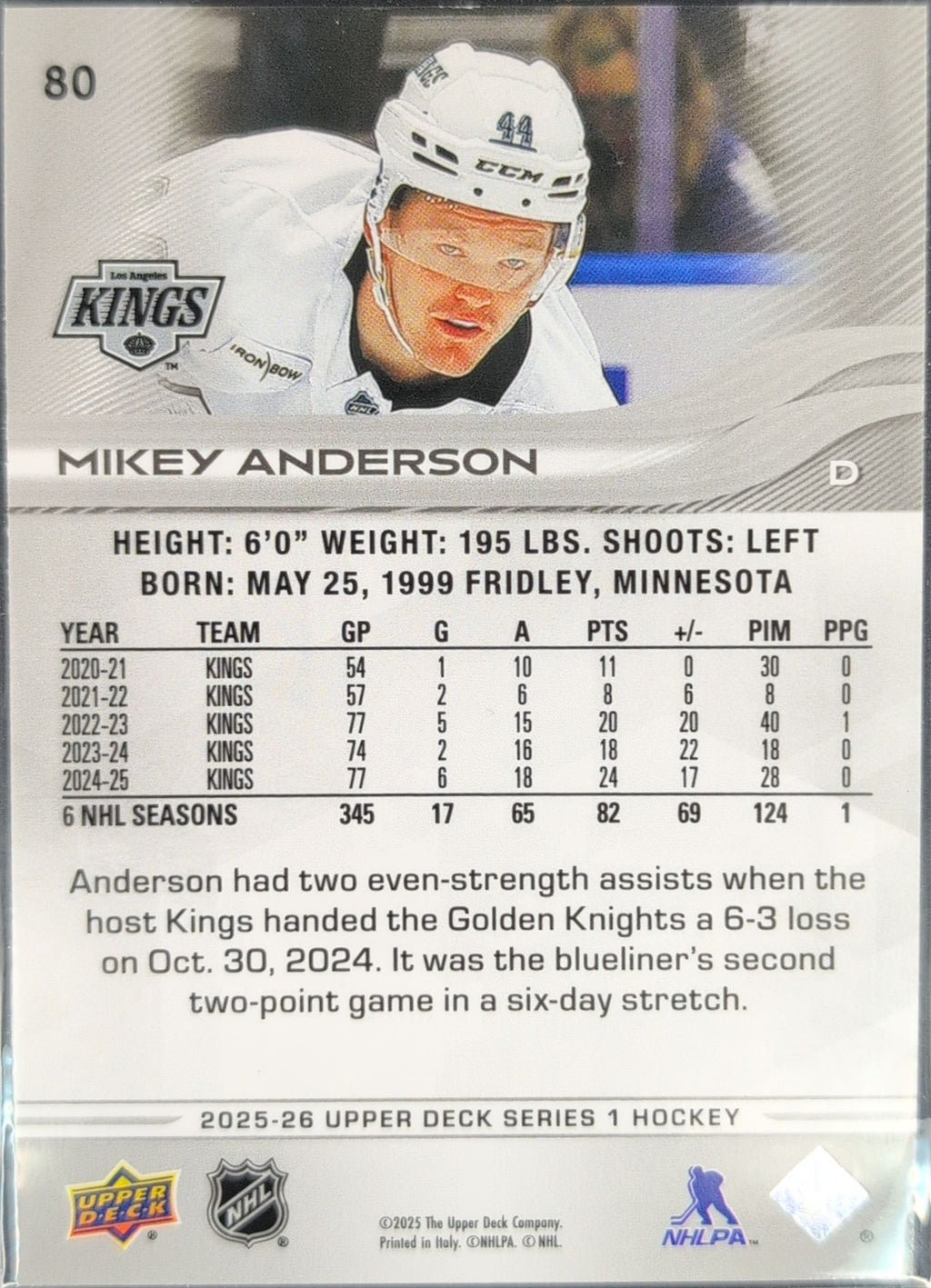2025-26 Upper Deck Mikey Anderson #80 Los Angeles Kings back