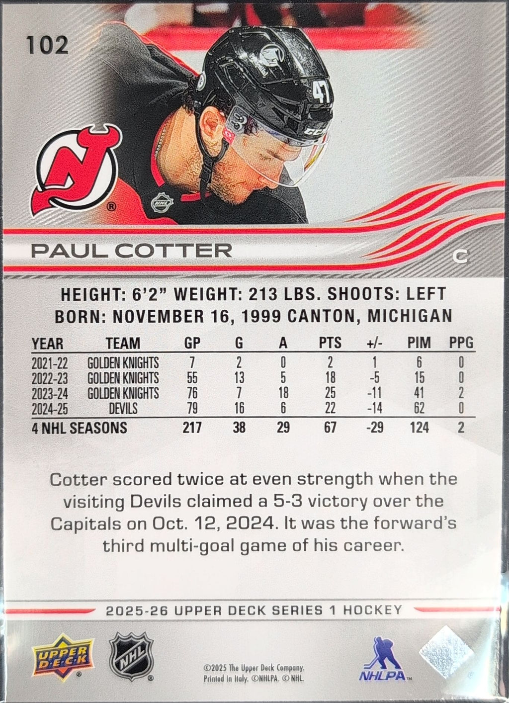 2025-26 Upper Deck Paul Cotter #102 New Jersey Devils back