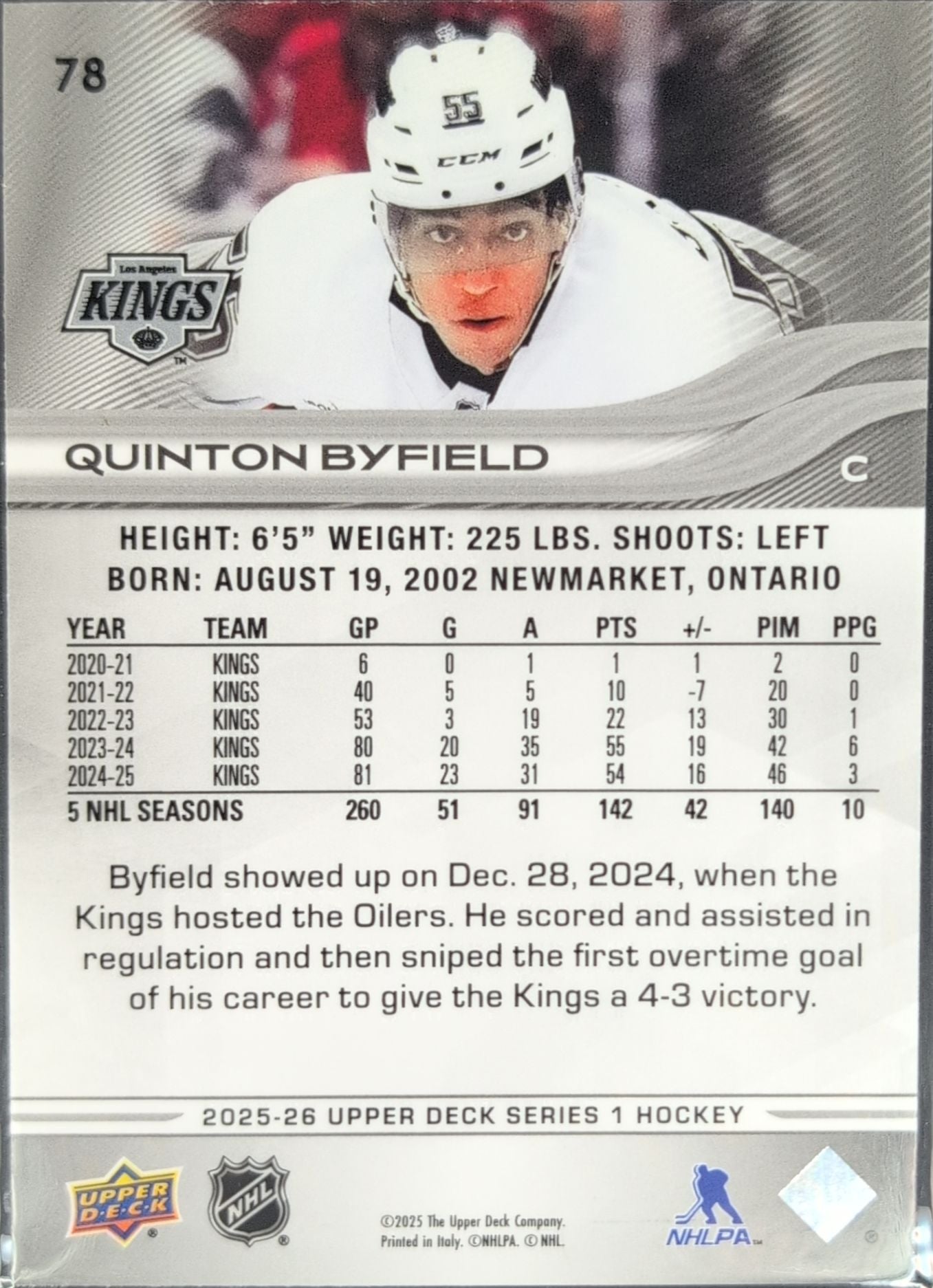 2025-26 Upper Deck Quinton Byfield #78 Los Angeles Kings back