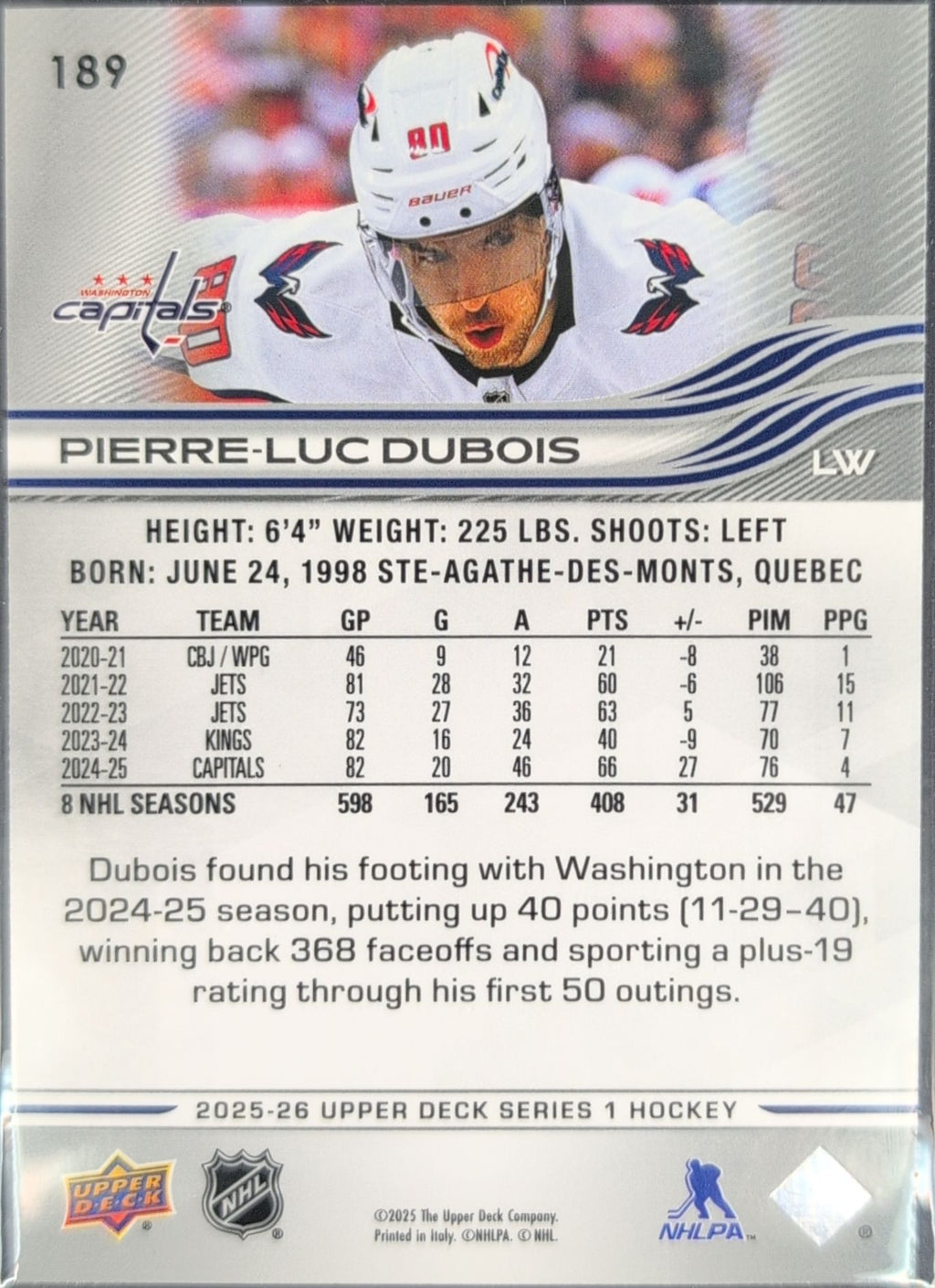 2025-26 Upper Deck Pierre-Luc Dubois #189 Washington Capitals back