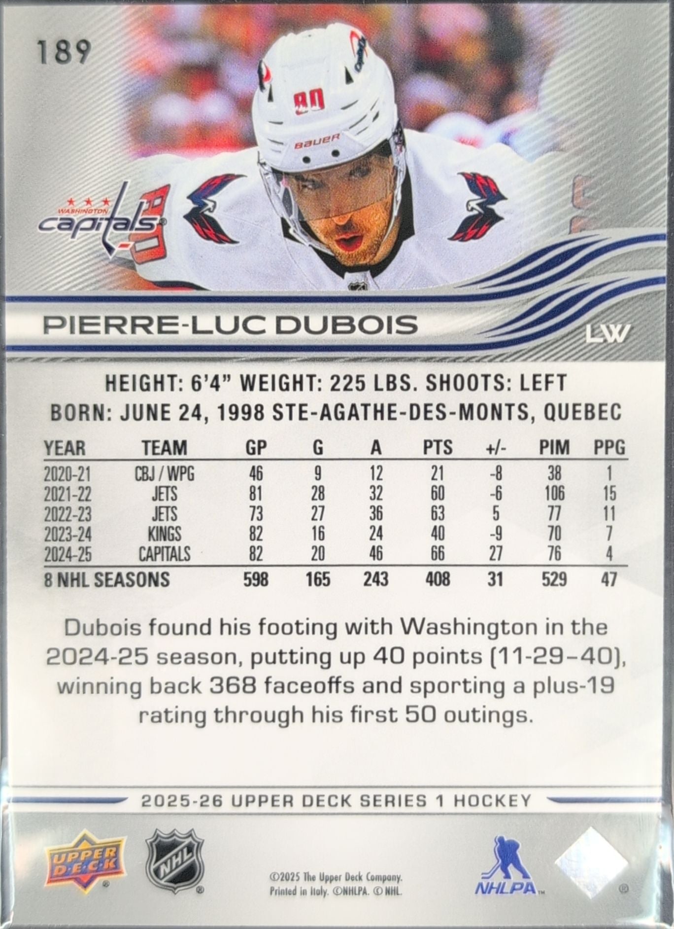 2025-26 Upper Deck Pierre-Luc Dubois #189 Washington Capitals back