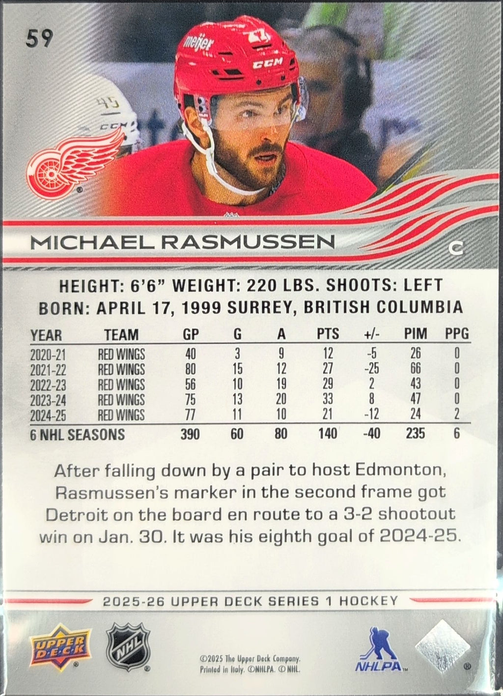 2025-26 Upper Deck Michael Rasmussen #59 Detroit Red Wings back