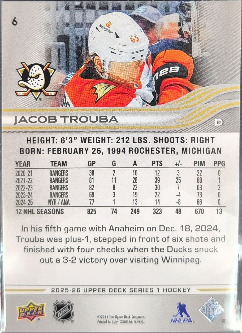 2025-26 Upper Deck Jacob Trouba #6 Anaheim Ducks back