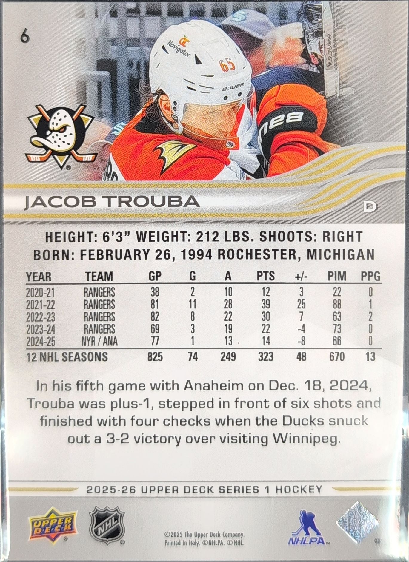 2025-26 Upper Deck Jacob Trouba #6 Anaheim Ducks back
