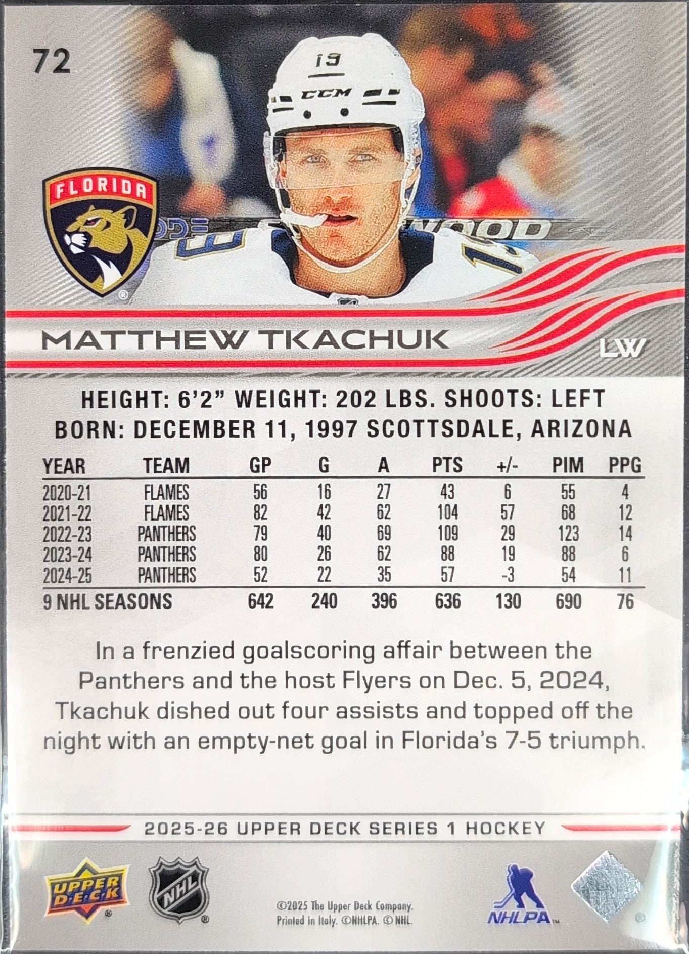 2025-26 Upper Deck Matthew Tkachuk #72 Florida Panthers back