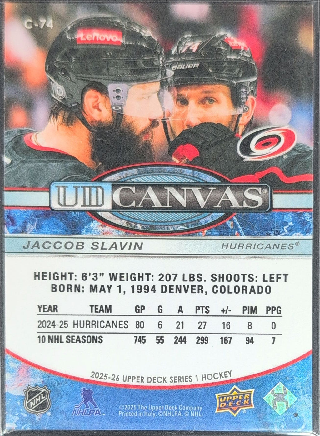 2025-26 Upper Deck Jaccob Slavin #C-74 UD Canvas Carolina Hurricanes back