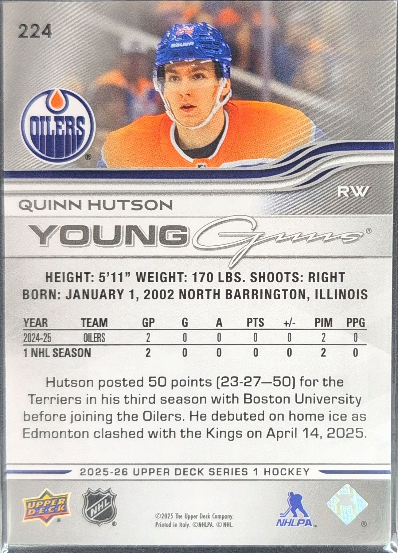 2025-26 Upper Deck Quinn Hutson #224 RC Edmonton Oilers back