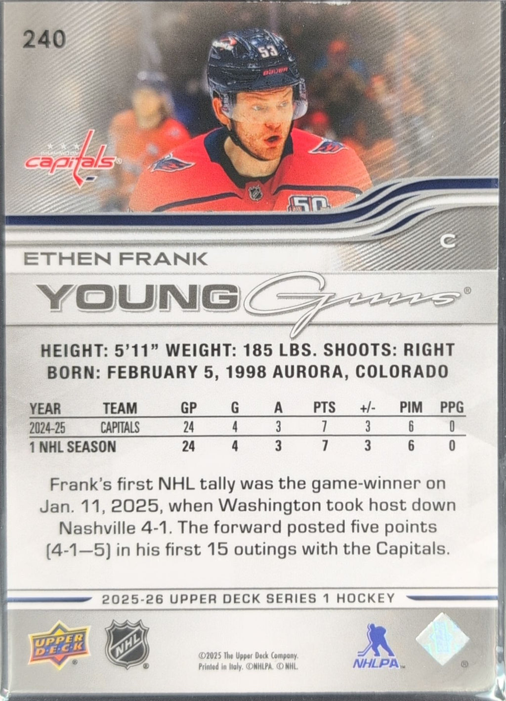 2025-26 Upper Deck Ethen Frank #240 RC Washington Capitals back