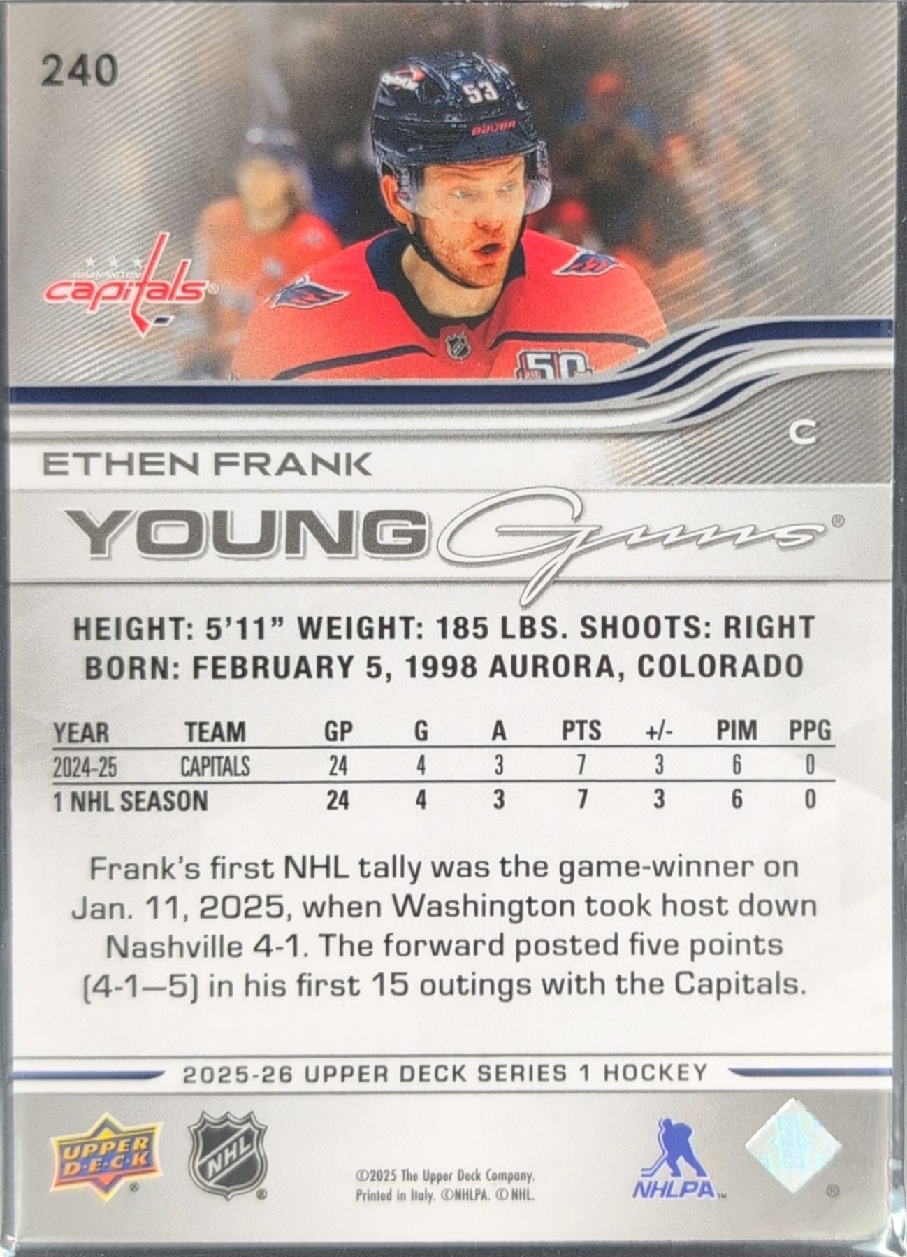2025-26 Upper Deck Ethen Frank #240 RC Washington Capitals back