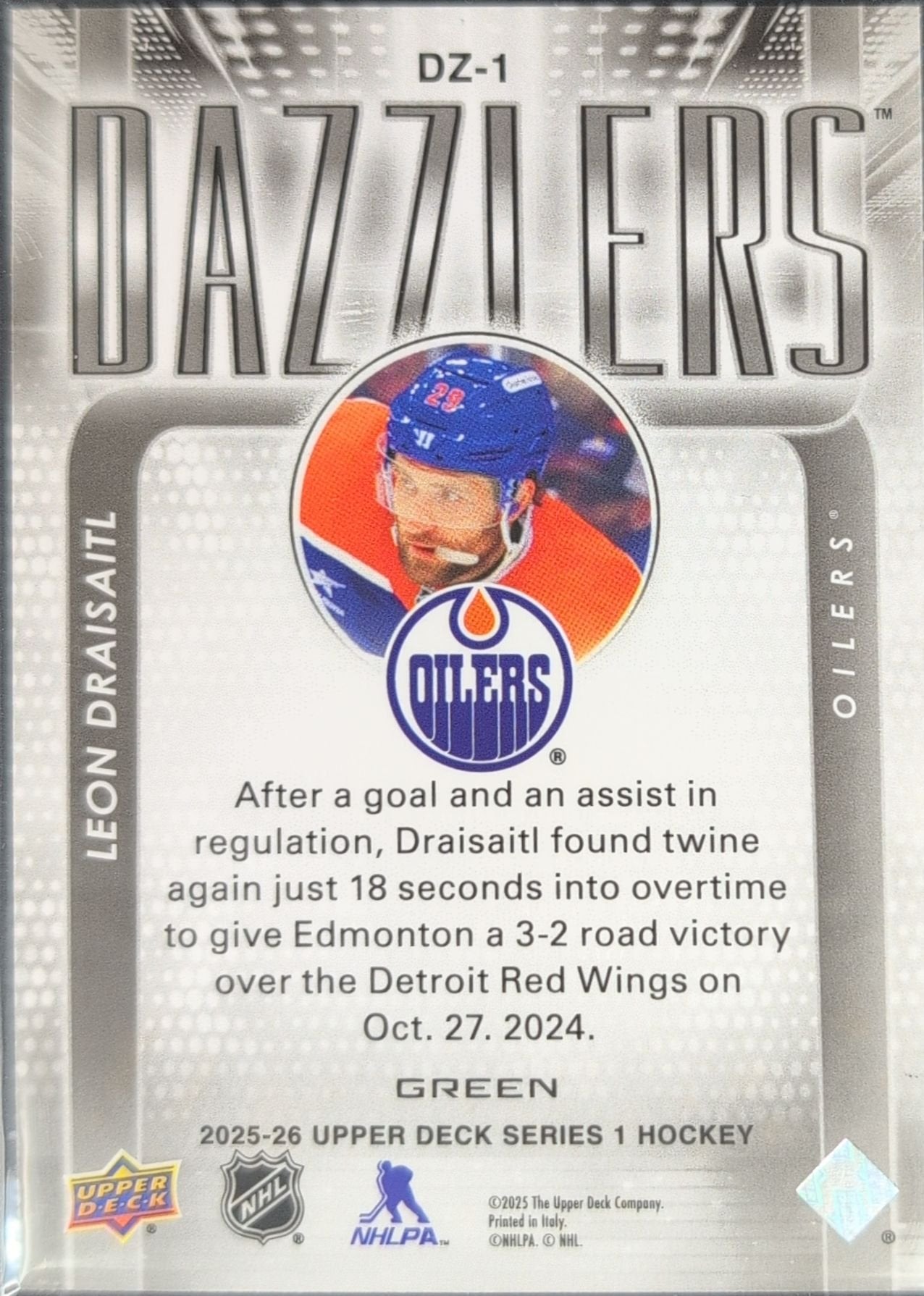 Leon Draisaitl 2025-26 Upper Deck #DZ-1 Dazzlers Green Edmonton Oilers - back image