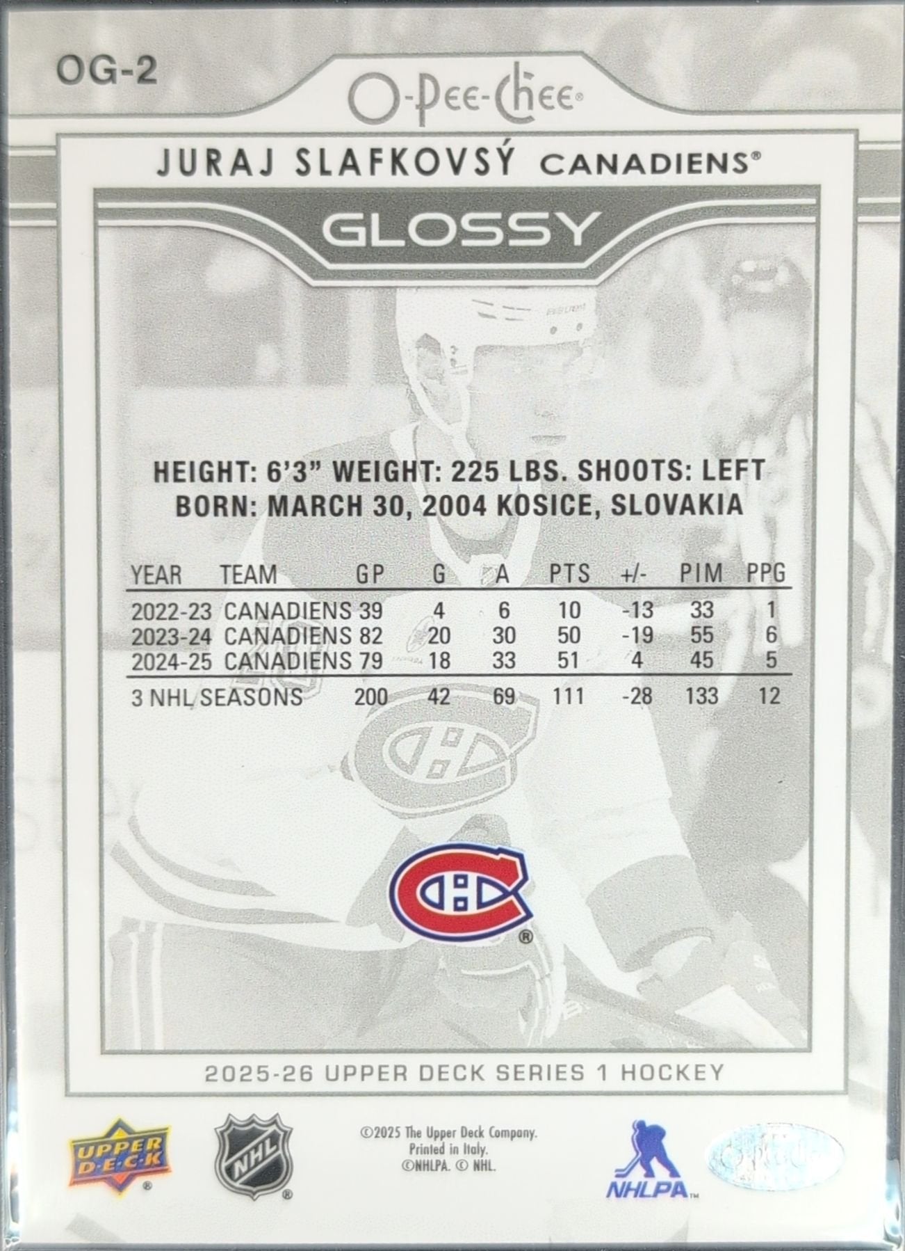 Juraj Slafkovsky 2025-26 Upper Deck #OG-2 O-Pee-Chee Glossy Montreal Canadiens - back image