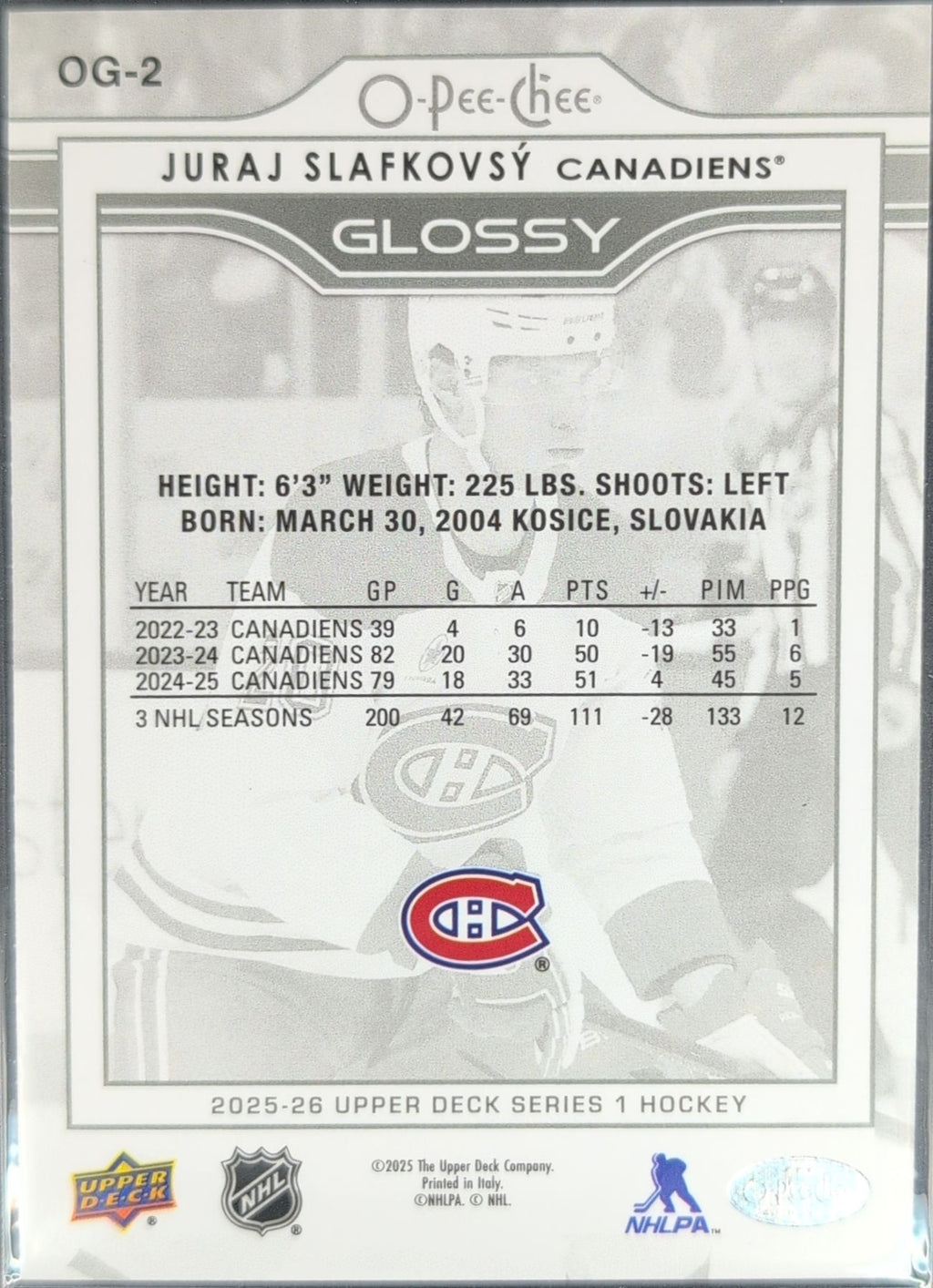 2025-26 Upper Deck Juraj Slafkovsky #OG-2 O-Pee-Chee Glossy Montreal Canadiens back