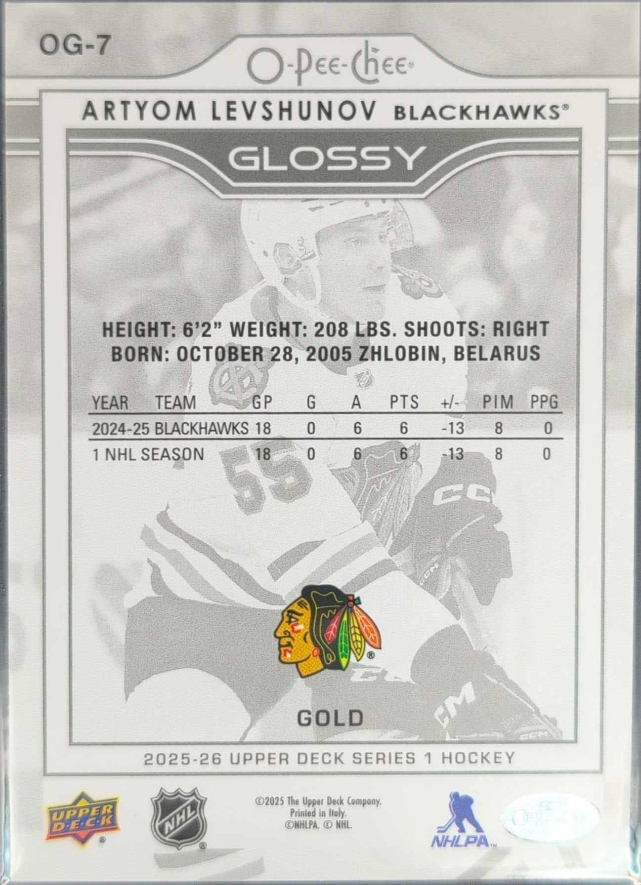 Artyom Levshunov 2025-26 Upper Deck #OG-7 O-Pee-Chee Glossy Chicago Blackhawks - back image