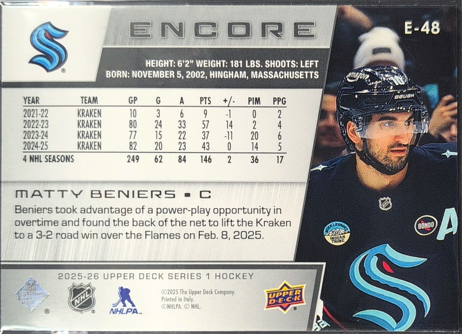 Matty Beniers 2025-26 Upper Deck #E-48 Encore Seattle Kraken - back image