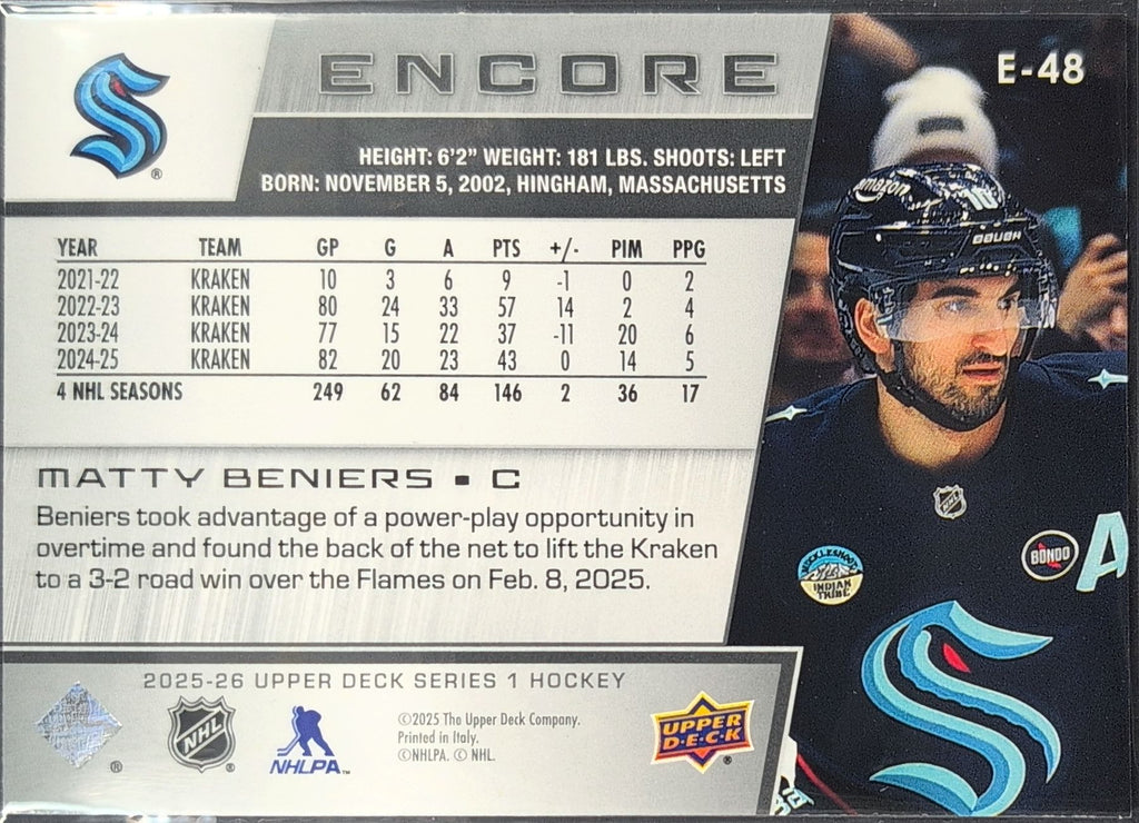 2025-26 Upper Deck Matty Beniers #E-48 Encore Seattle Kraken back