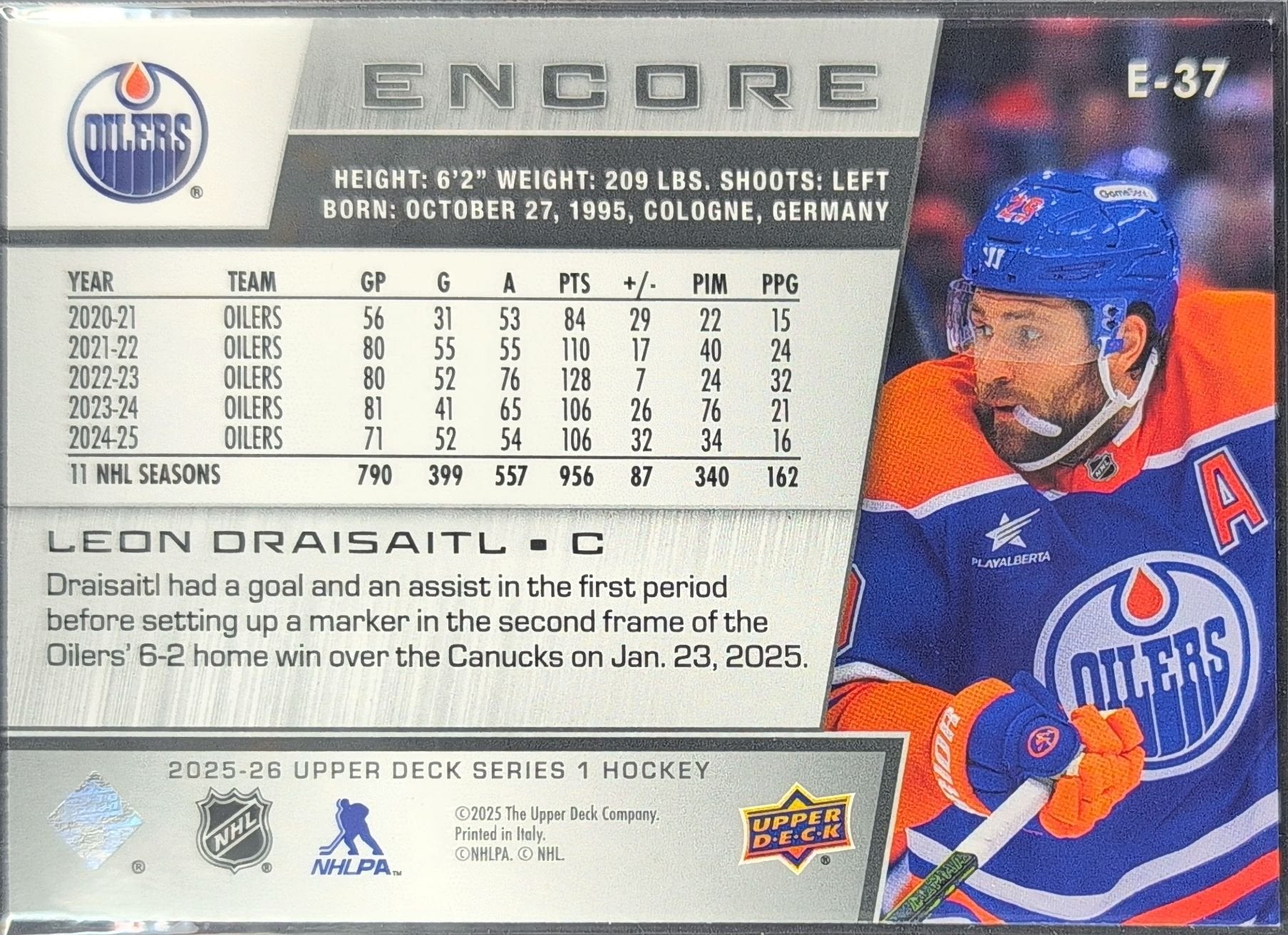 Leon Draisaitl 2025-26 Upper Deck #E-37 Encore Edmonton Oilers - back image