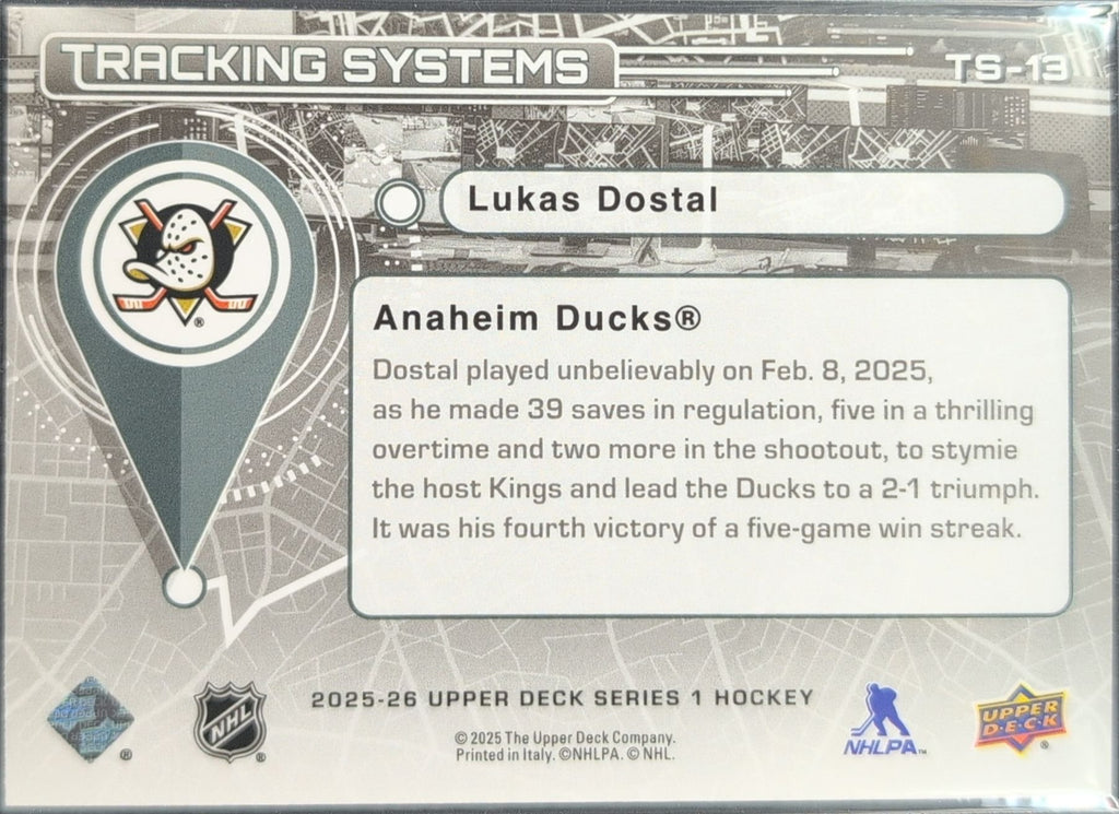 Lukas Dostal 2025-26 Upper Deck #TS-13 Tracking Systems Speckle Anaheim Ducks - back image