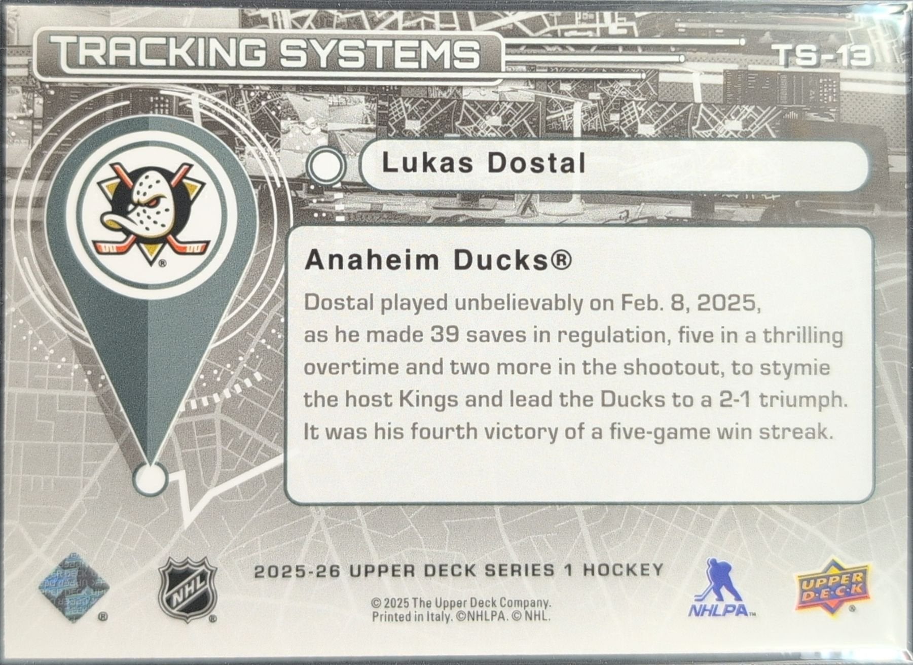 Lukas Dostal 2025-26 Upper Deck #TS-13 Tracking Systems Speckle Anaheim Ducks - back image