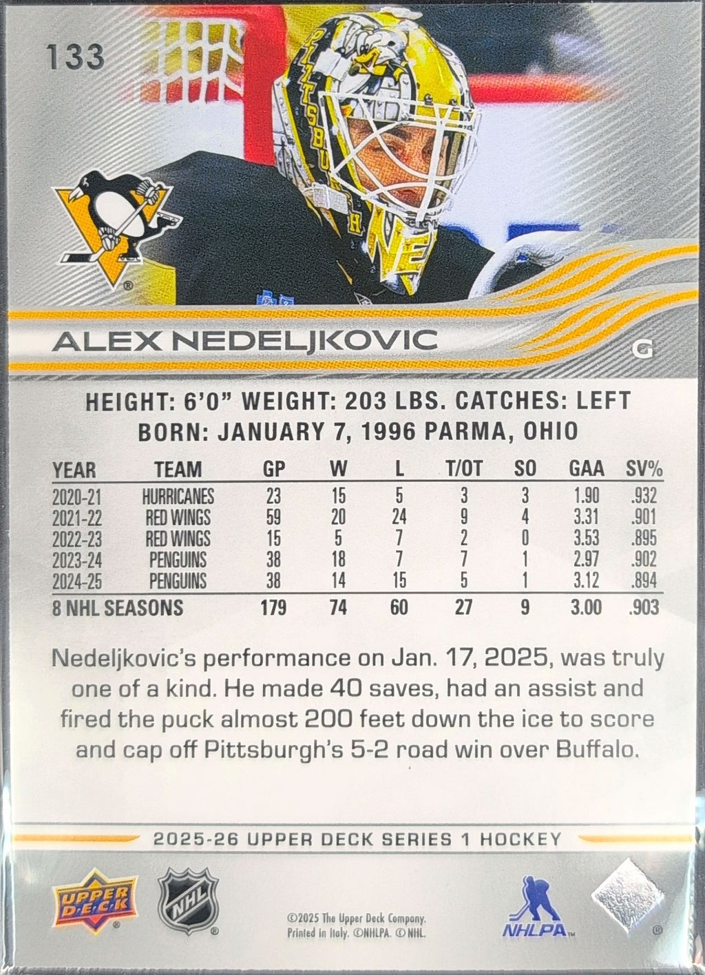 2025-26 Upper Deck Alex Nedeljkovic #133 Pittsburgh Penguins back