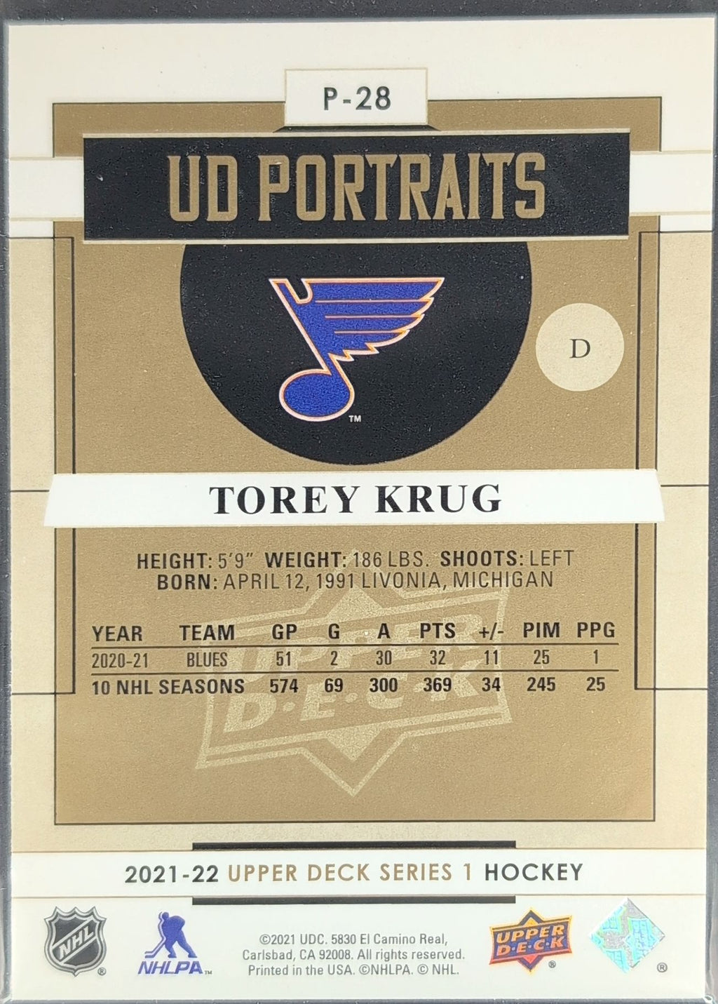 2021-2022 Upper Deck Torey Krug #P-28 St. Louis Blues back