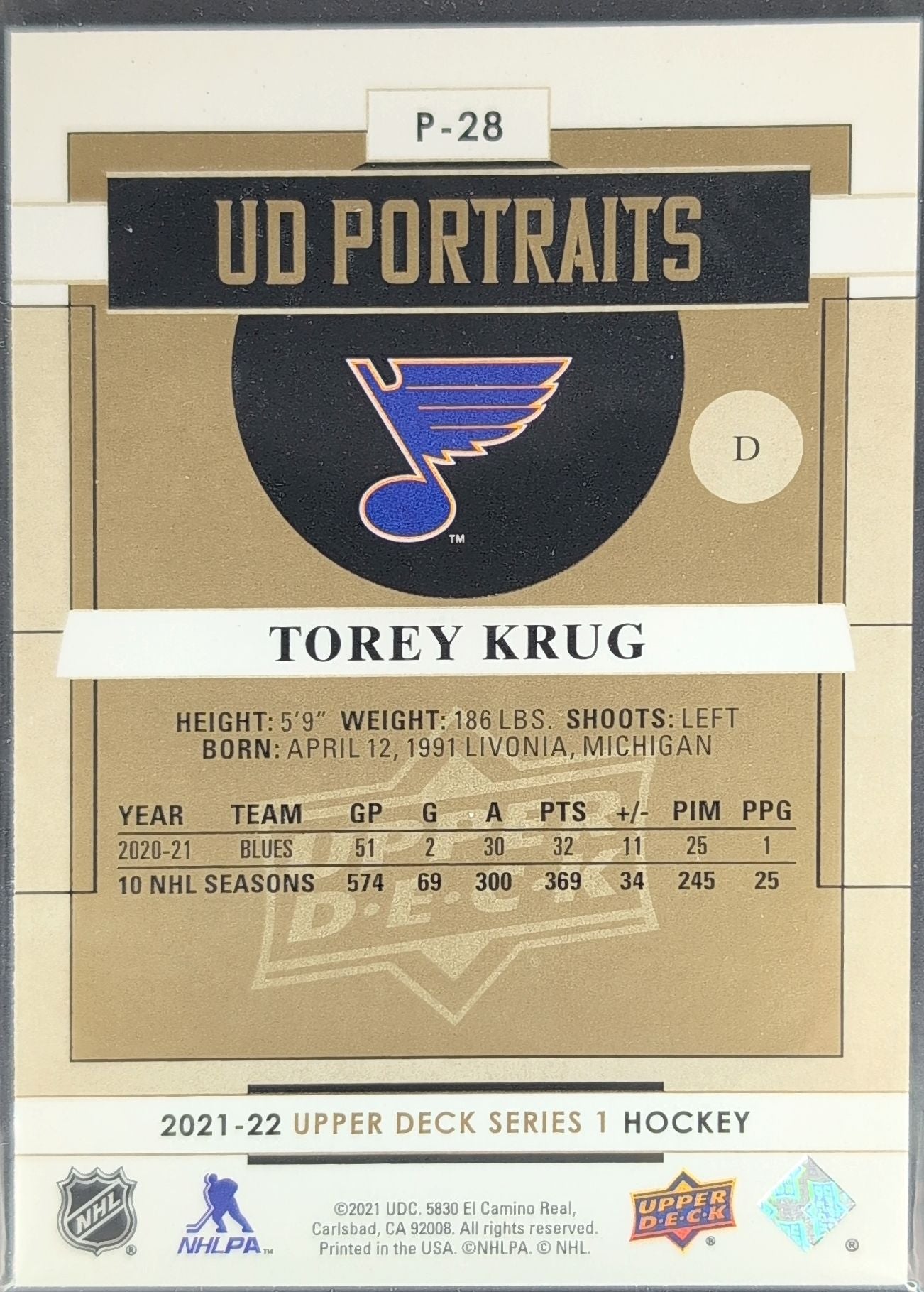 2021-2022 Upper Deck Torey Krug #P-28 St. Louis Blues back