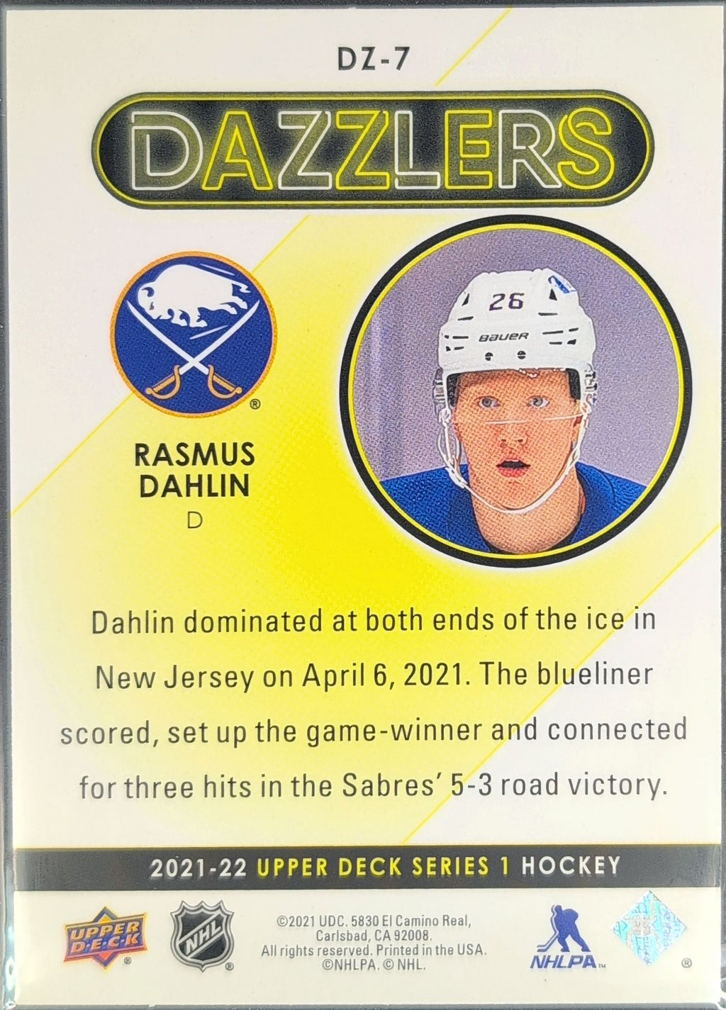 2021-2022 Upper Deck Rasmus Dahlin #DZ-7 Buffalo Sabres back