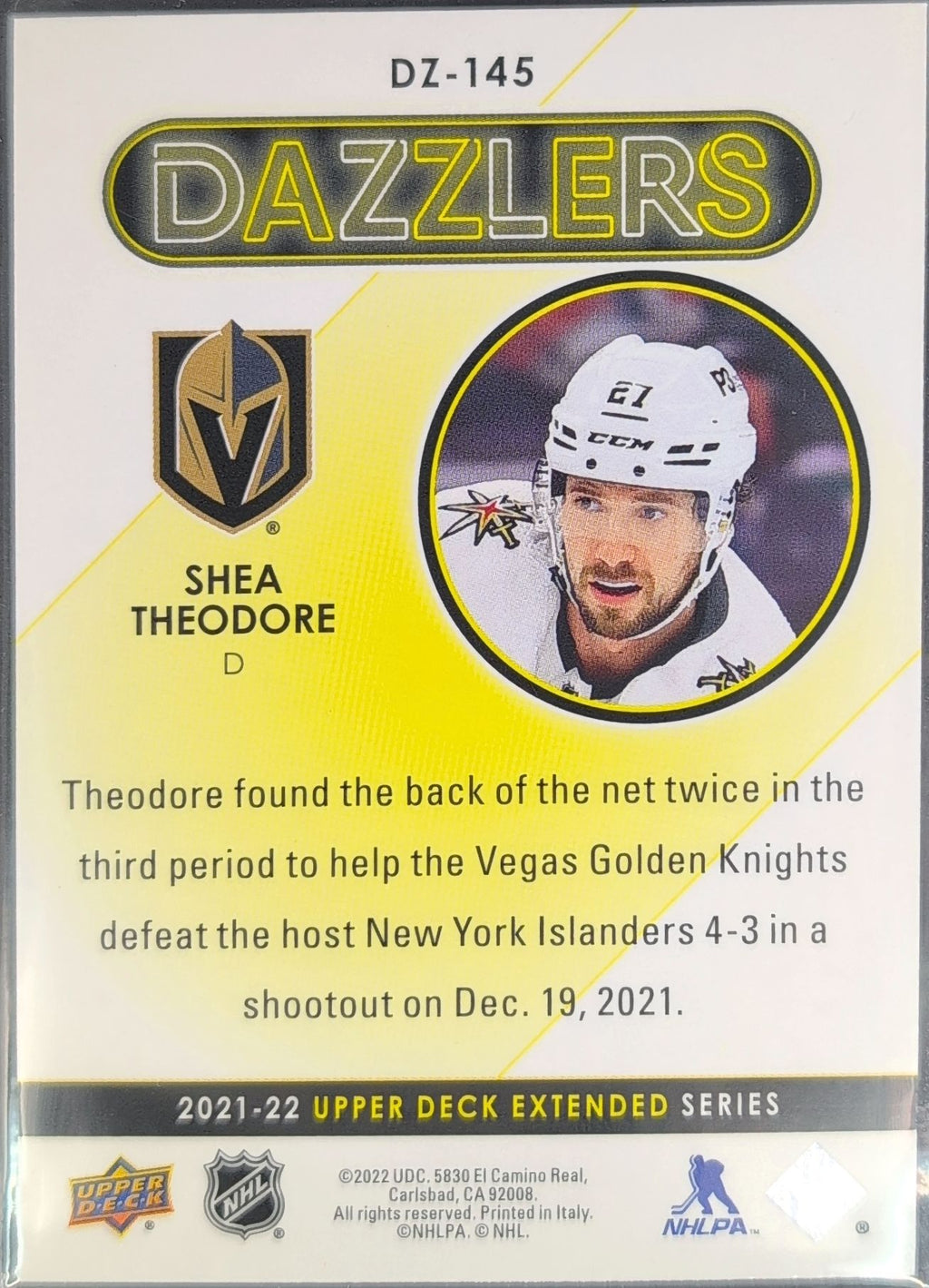 2021-2022 Upper Deck Shea Theodore #DZ-145 Vegas Golden Knights back
