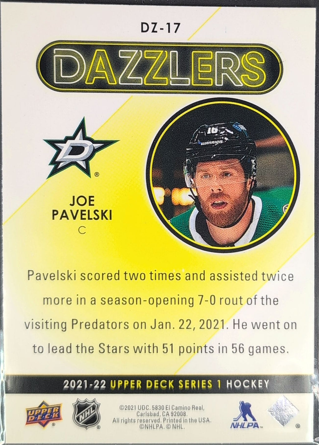 2021-2022 Upper Deck Joe Pavelski #DZ-17 Dallas Stars back