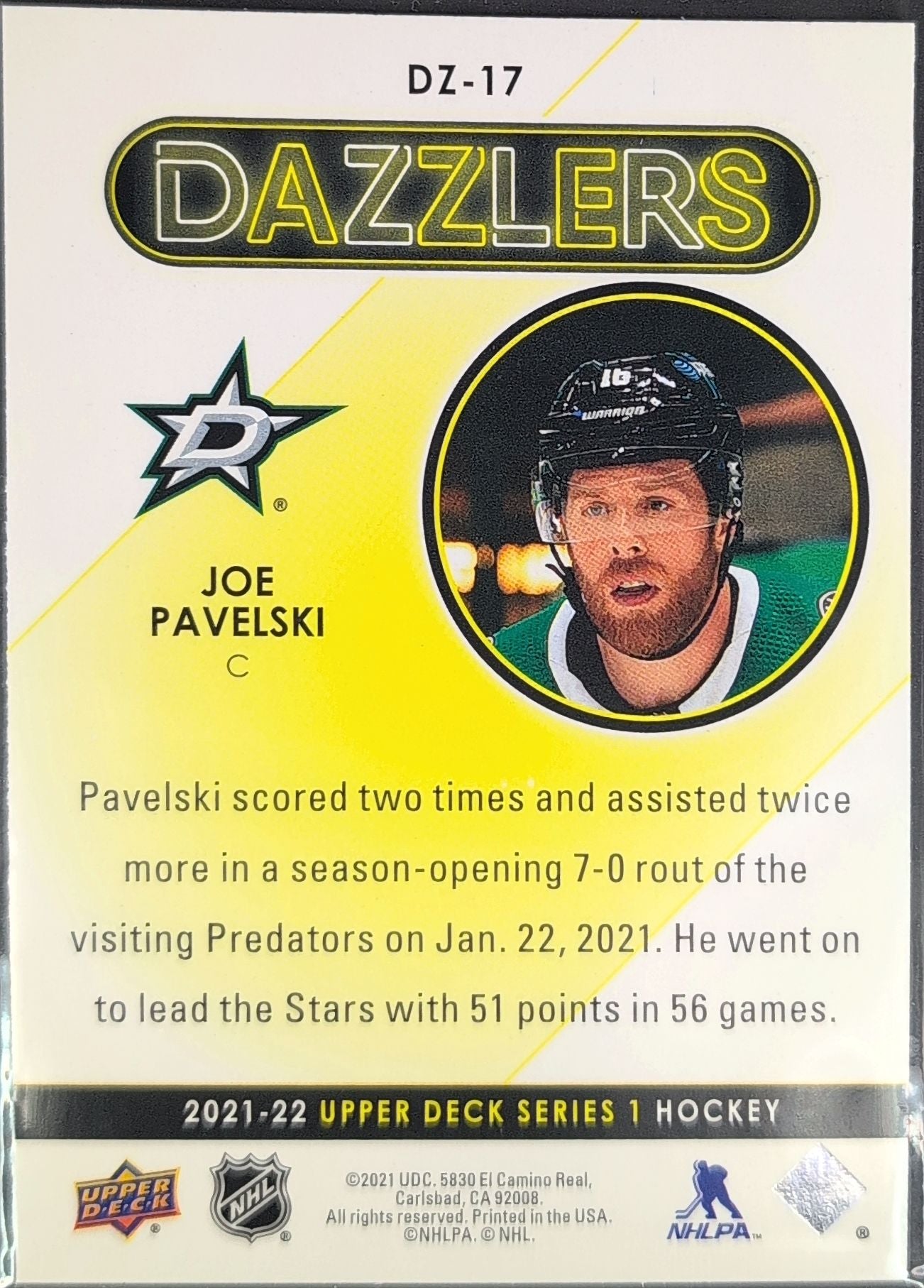 2021-2022 Upper Deck Joe Pavelski #DZ-17 Dallas Stars back