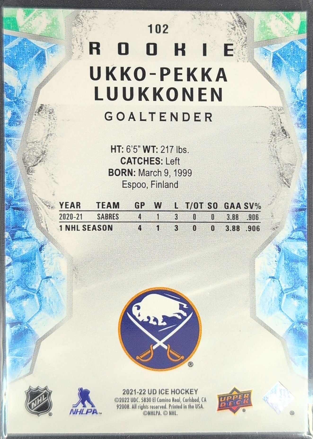 2021-2022 Upper Deck Ukko-Pekka Luukkonen #102 Buffalo Sabres back