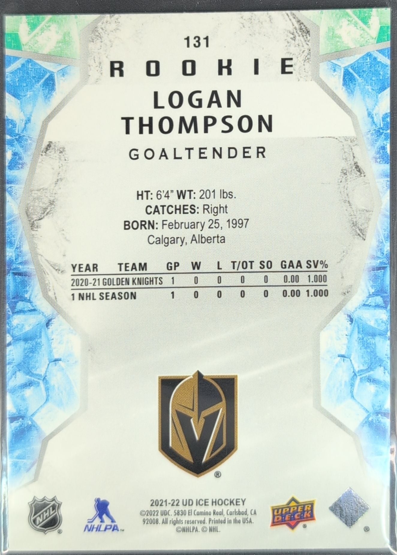 2021-2022 Upper Deck Logan Thompson #131 Vegas Golden Knights back