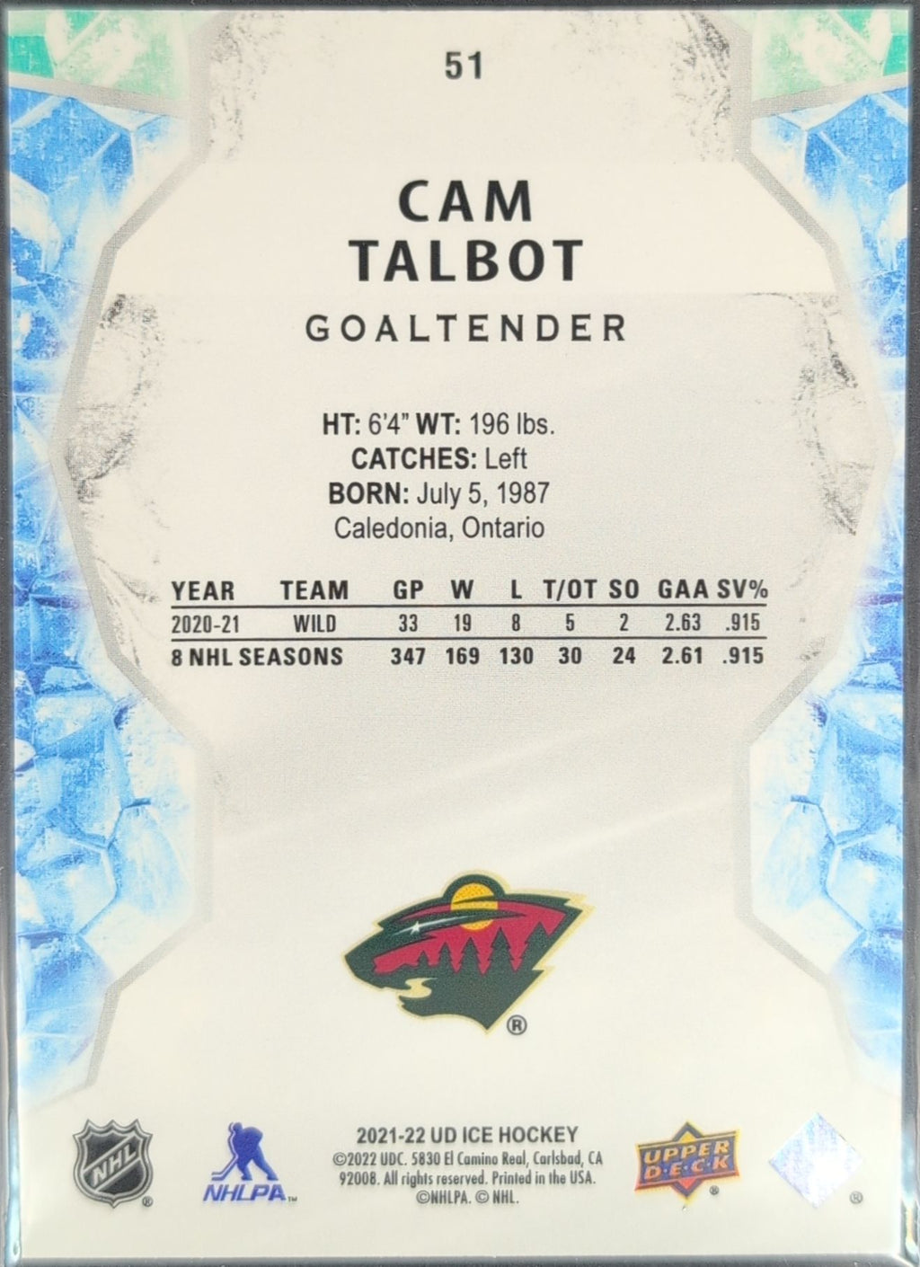 2021-2022 Upper Deck Cam Talbot #51 Minnesota Wild back