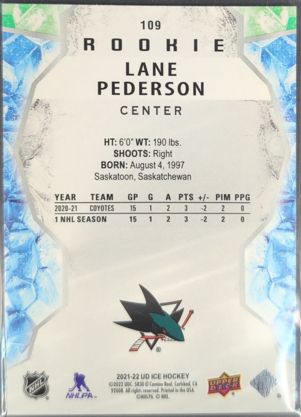2021-2022 Upper Deck Lane Pederson #109 San Jose Sharks back