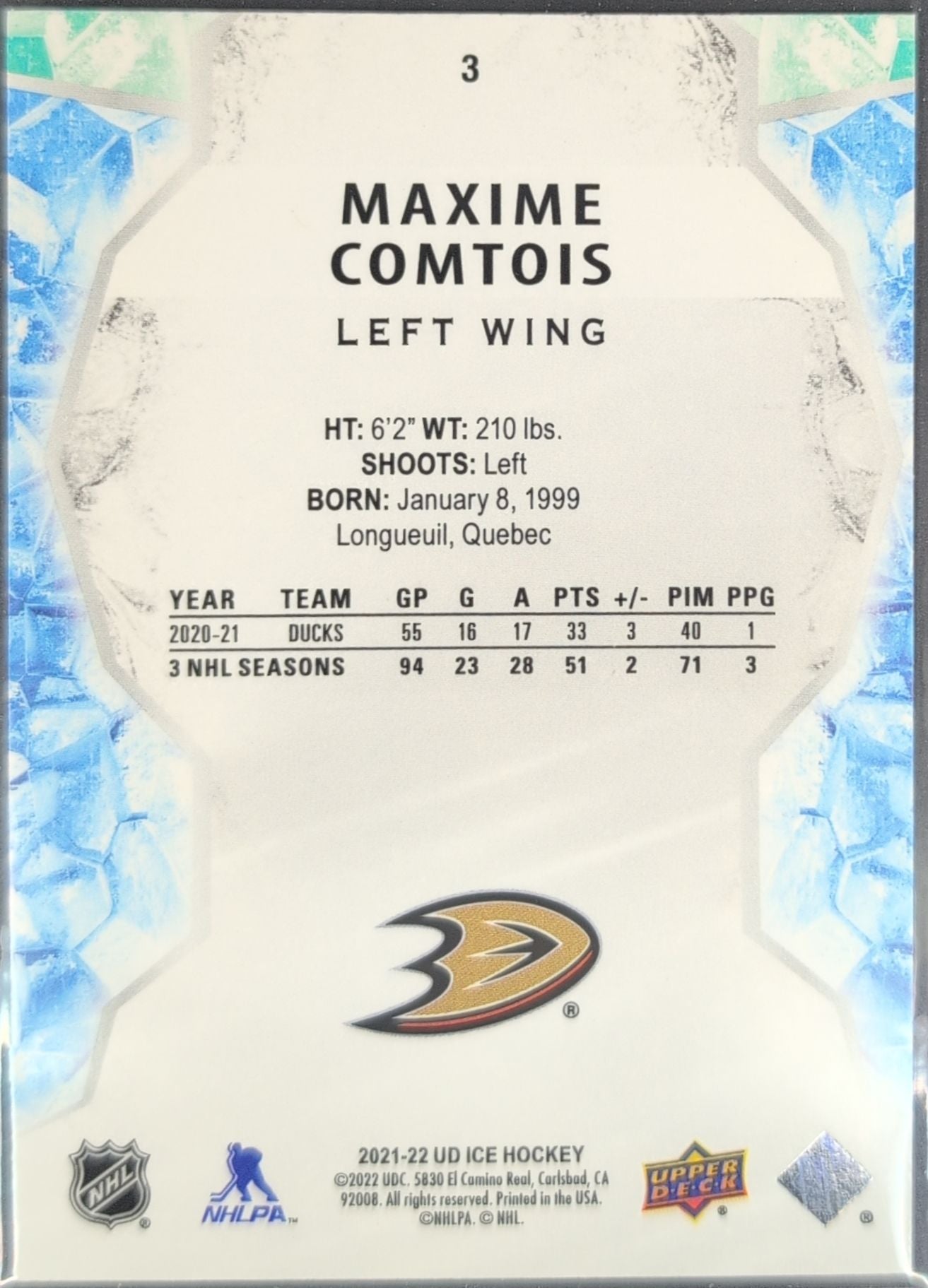 2021-2022 Upper Deck Maxime Comtois #3 Anaheim Ducks back