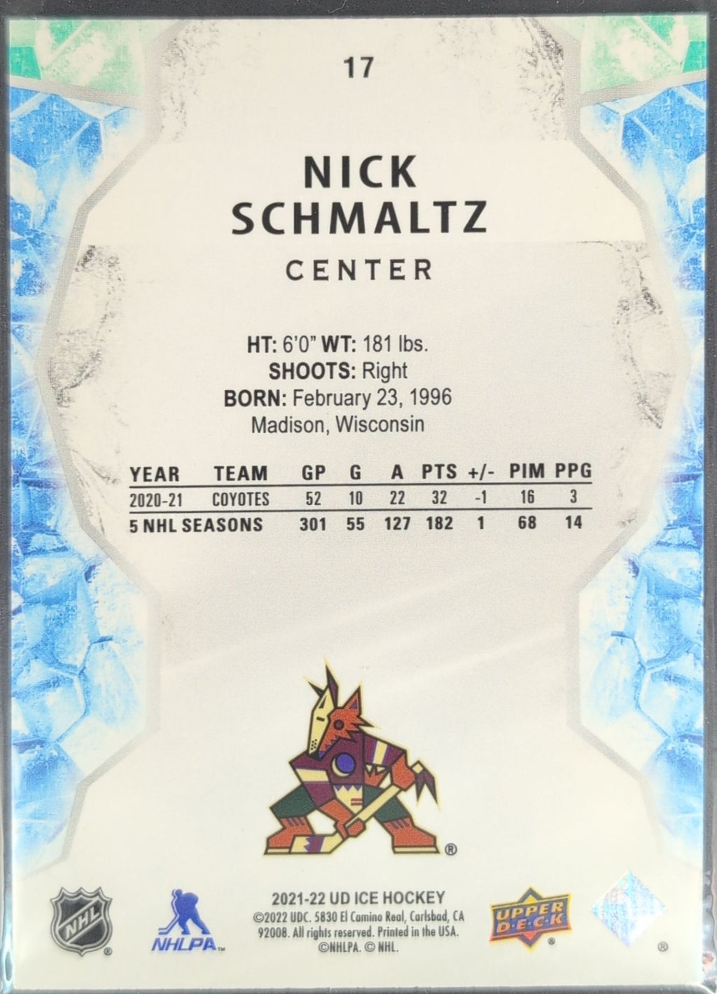 2021-22 Upper Deck Ice Nick Schmaltz #17 Gold Arizona Coyotes back