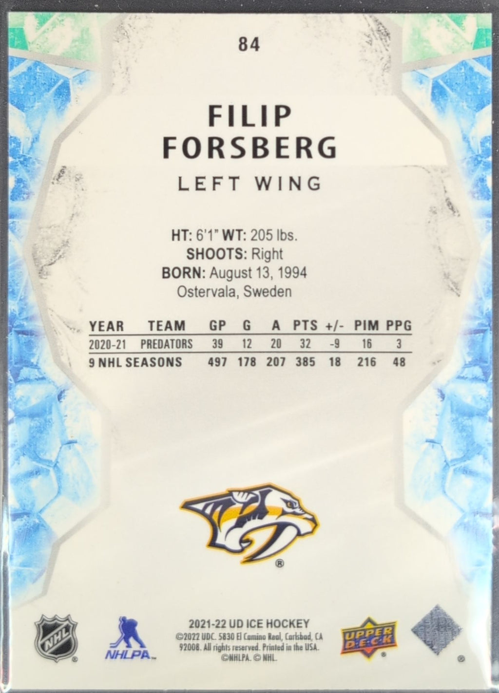 2021-2022 Upper Deck Filip Forsberg #84 Nashville Predators back
