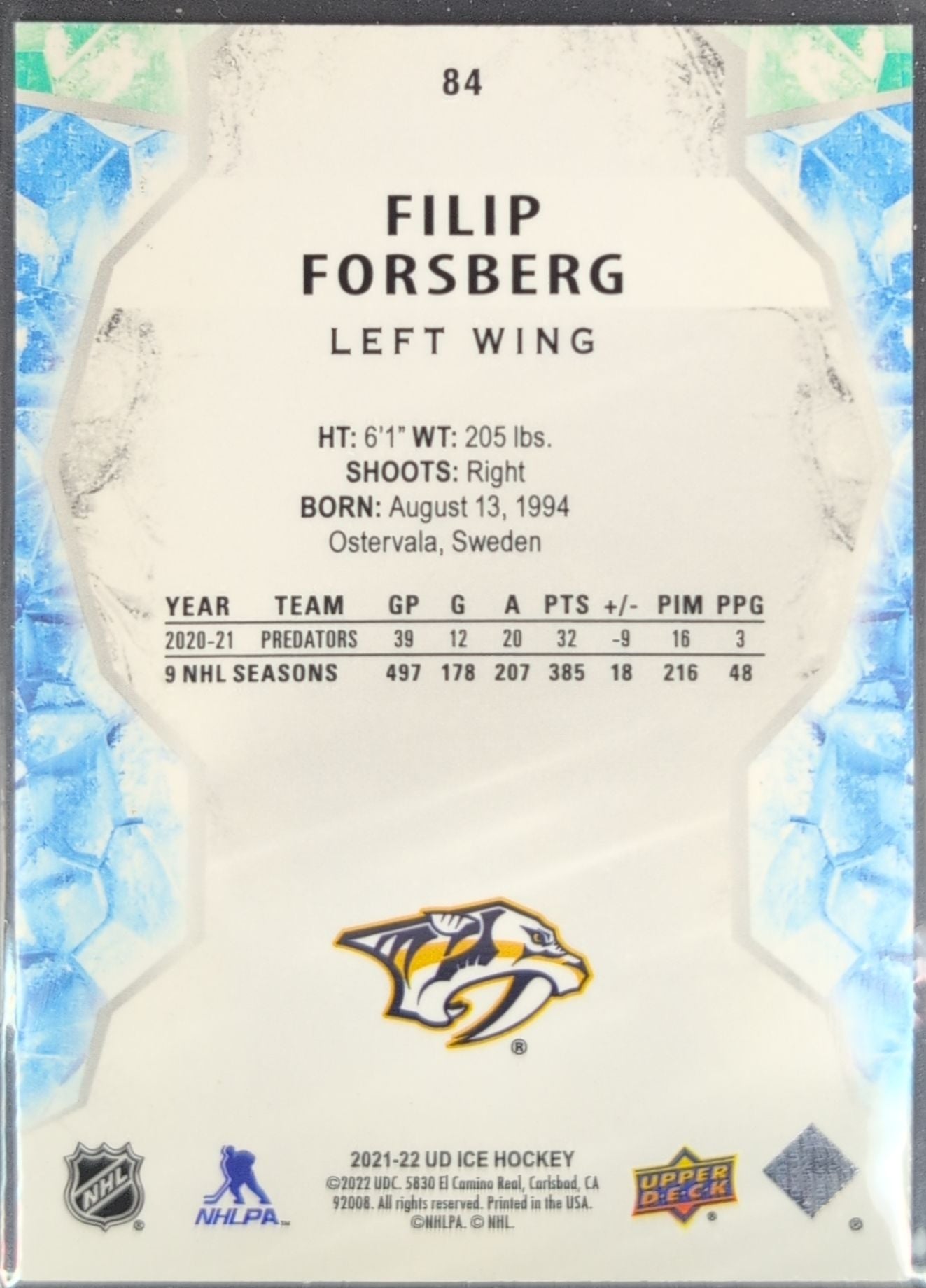2021-2022 Upper Deck Filip Forsberg #84 Nashville Predators back