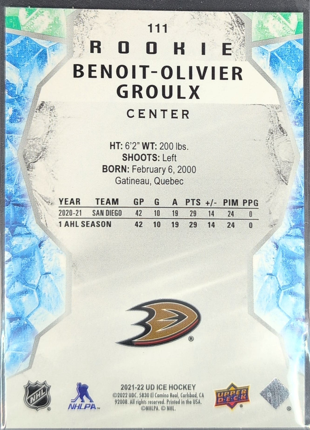 2021-2022 Upper Deck Benoit-Olivier Groulx #111 Anaheim Ducks back