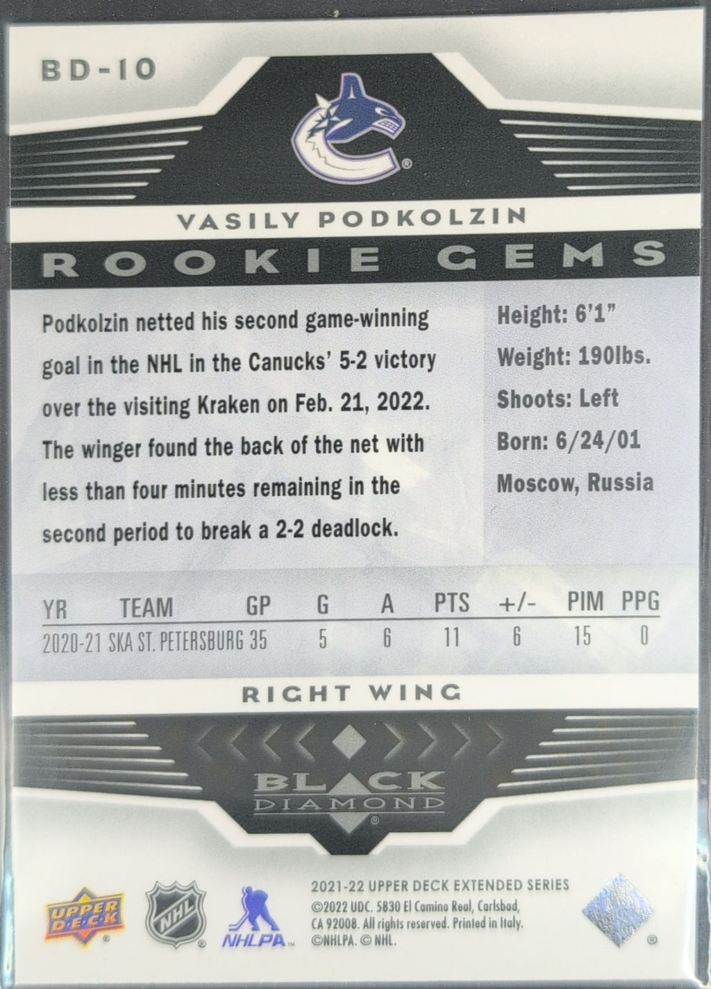 2021-2022 Upper Deck Vasily Podkolzin #BD-10 Vancouver Canucks back