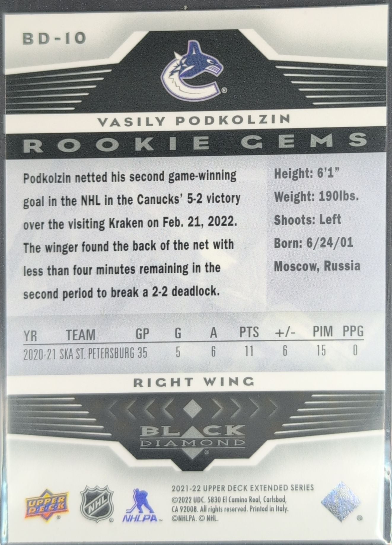 2021-2022 Upper Deck Vasily Podkolzin #BD-10 Vancouver Canucks back