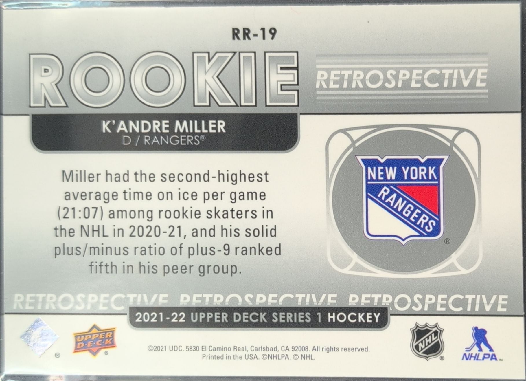 2021-2022 Upper Deck K'Andre Miller #RR-19 New York Rangers back