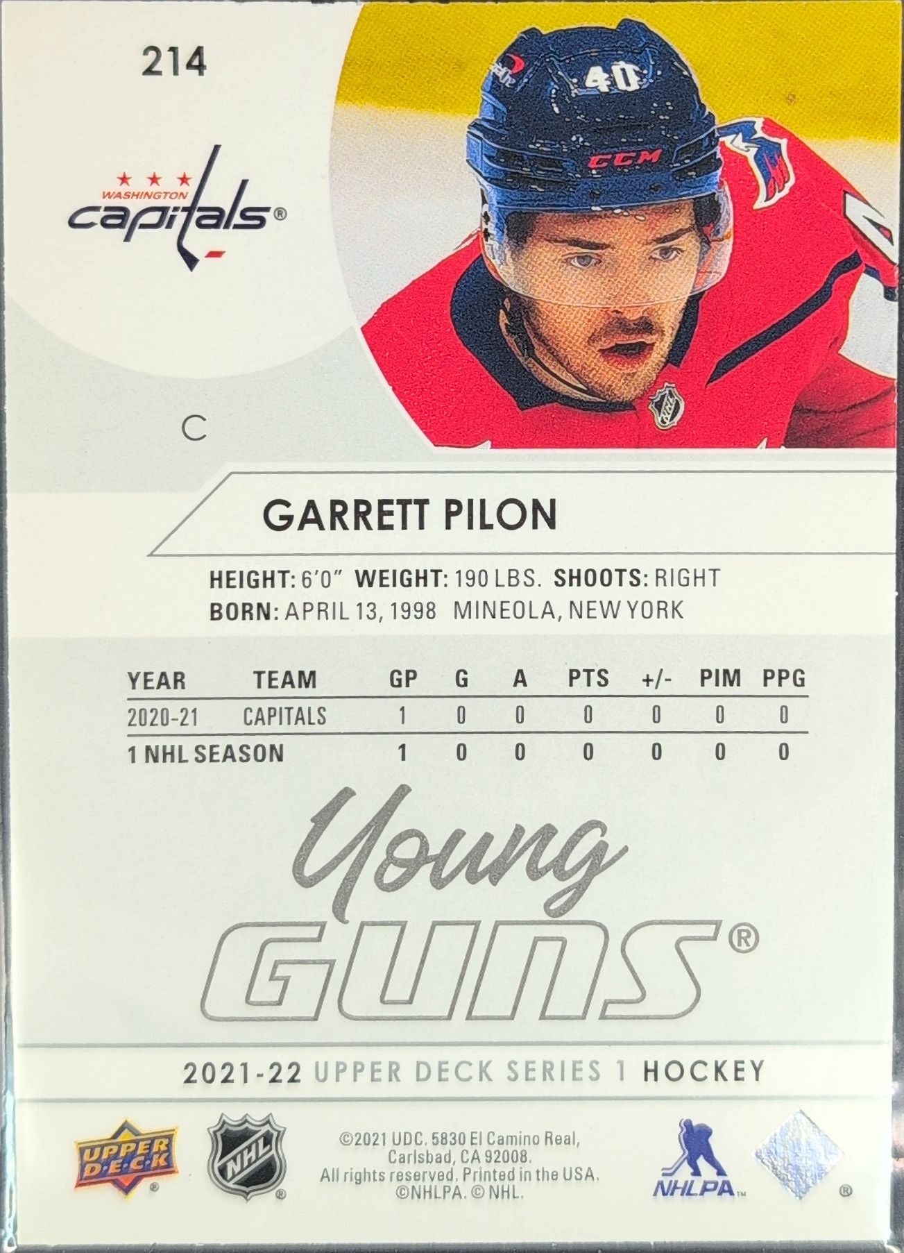 2021-2022 Upper Deck Garrett Pilon #214 RC Washington Capitals back