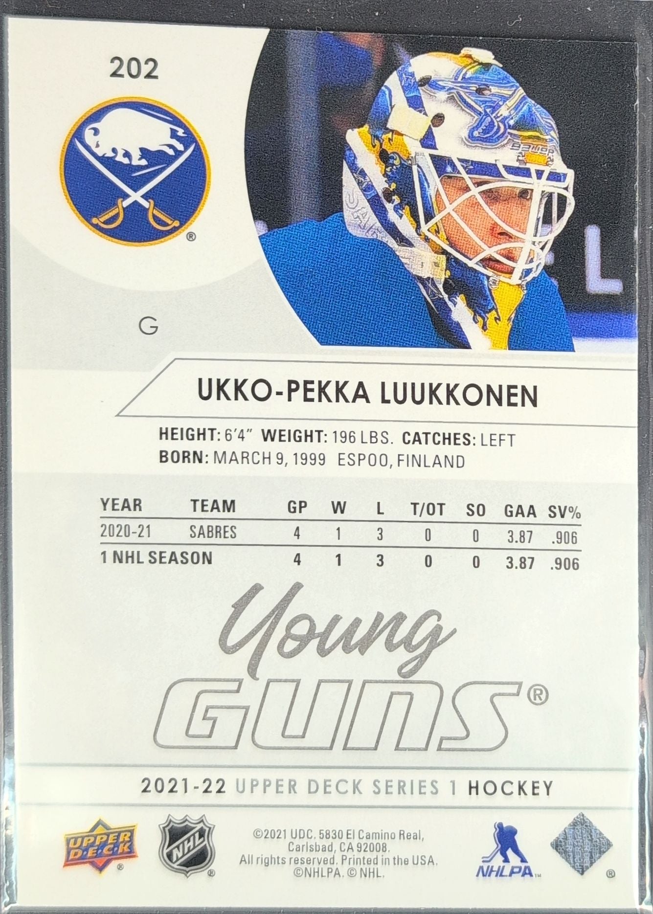 2021-22 Upper Deck Ukko-Pekka Luukkonen #202 RC Buffalo Sabres back