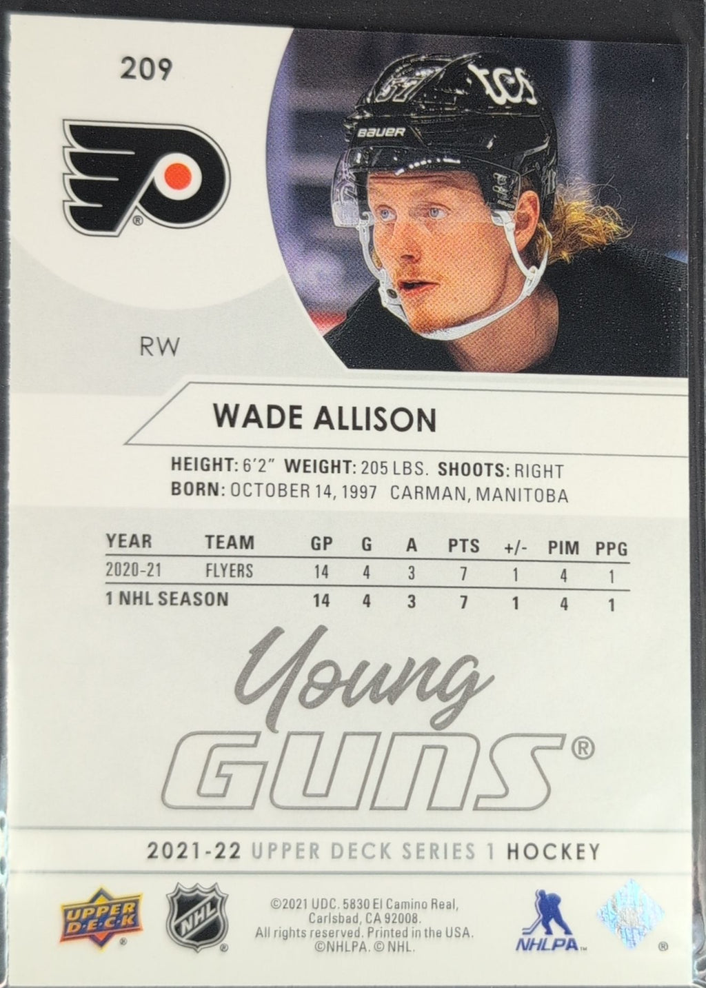 2021-22 Upper Deck Wade Allison #209 RC Philadelphia Flyers back