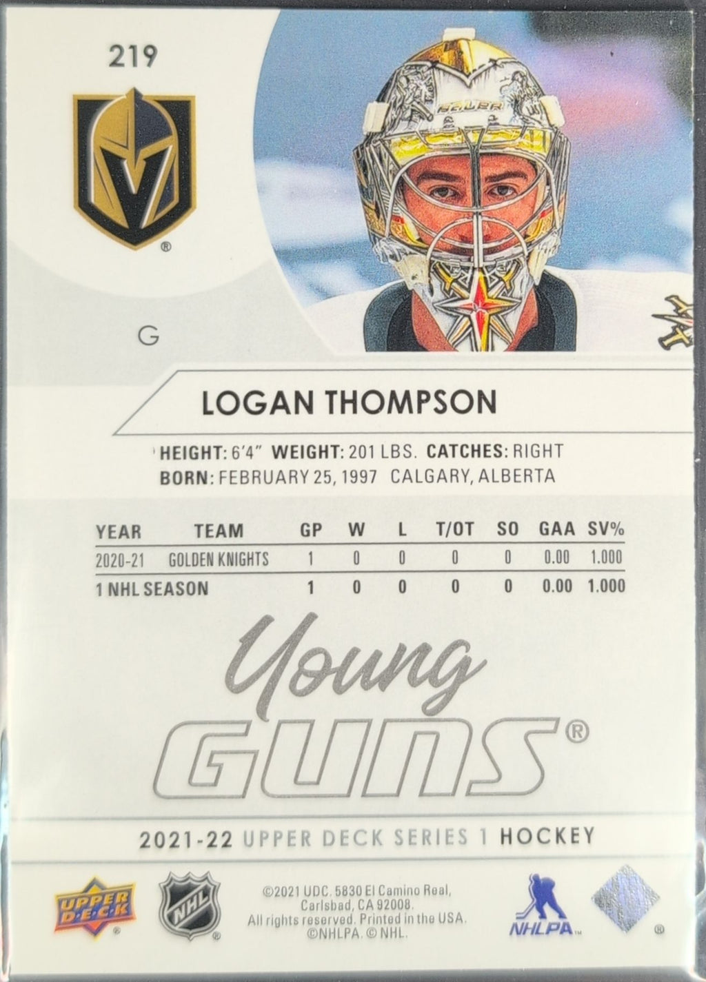2021-2022 Upper Deck Logan Thompson #219 RC Vegas Golden Knights back