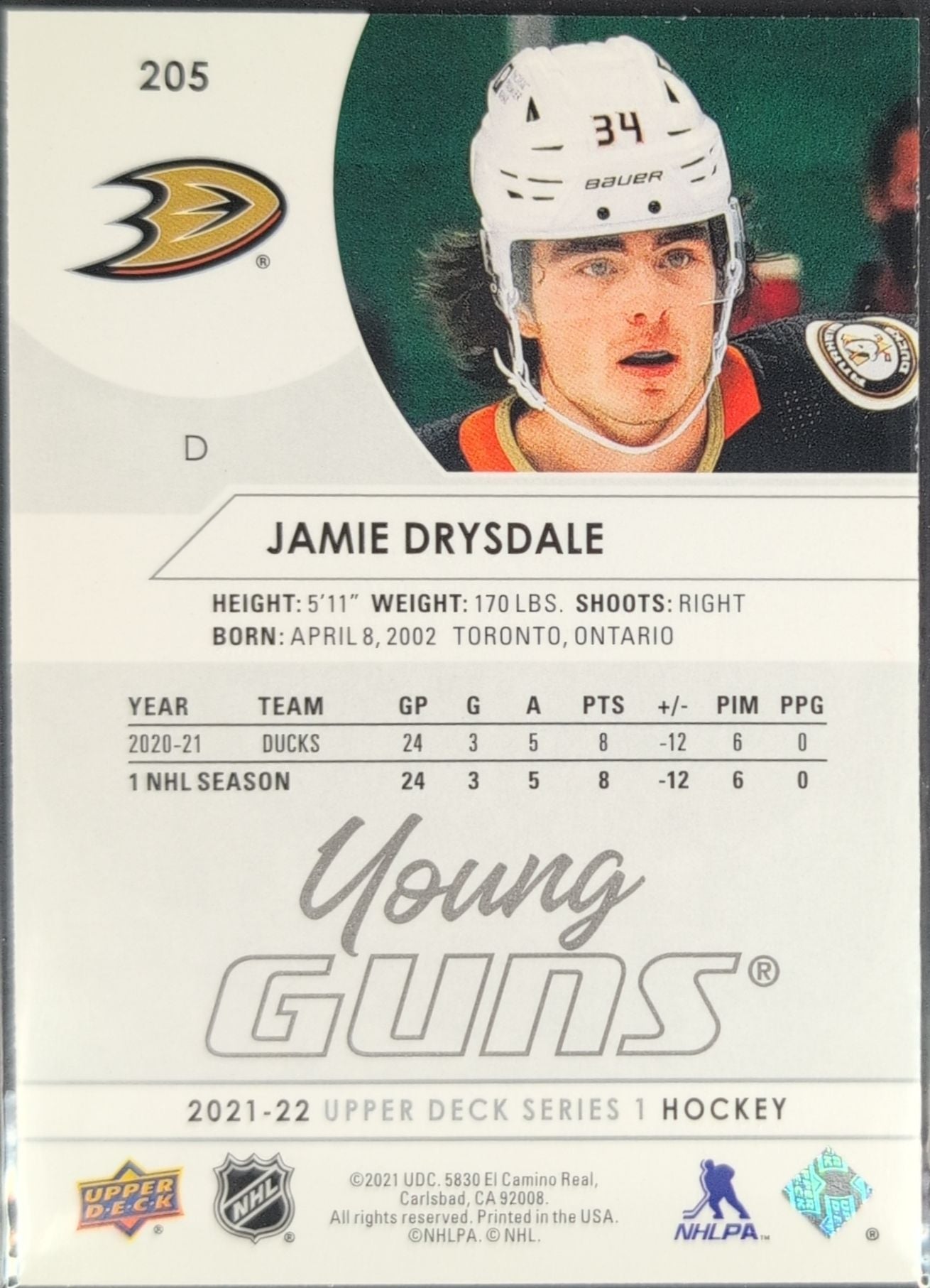 2021-2022 Upper Deck Jamie Drysdale #205 RC Anaheim Ducks back