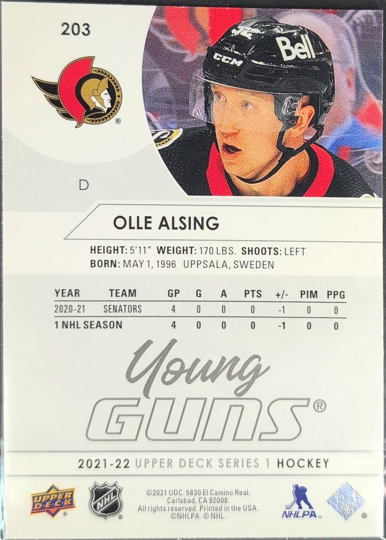 Olle Alsing 2021-22 Upper Deck #203 Yung Guns Rookie RC Ottawa Senators - back image