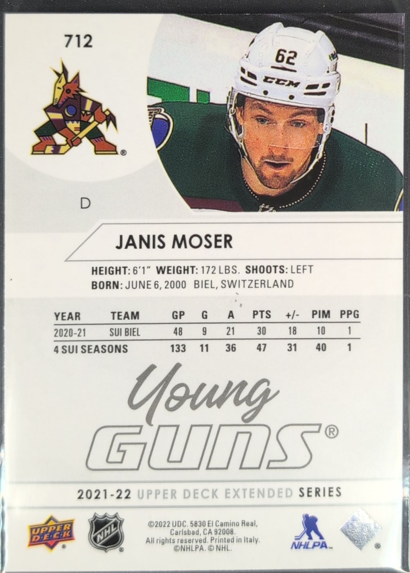 2021-2022 Upper Deck Janis Moser #712 RC Arizona Coyotes back